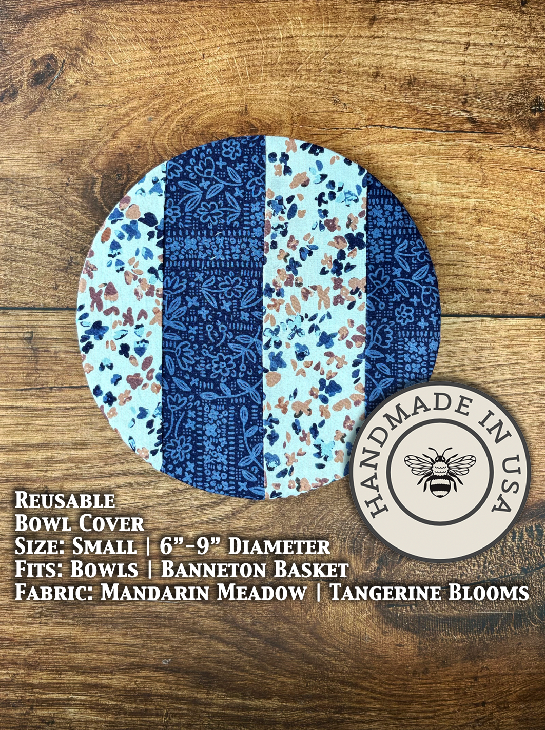Small bowl and banneton covers from Five Oaks Farm featuring indigo and earth-tone designs, perfect for bread baking.