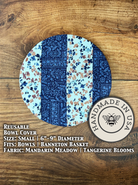 Small bowl and banneton covers from Five Oaks Farm featuring indigo and earth-tone designs, perfect for bread baking.