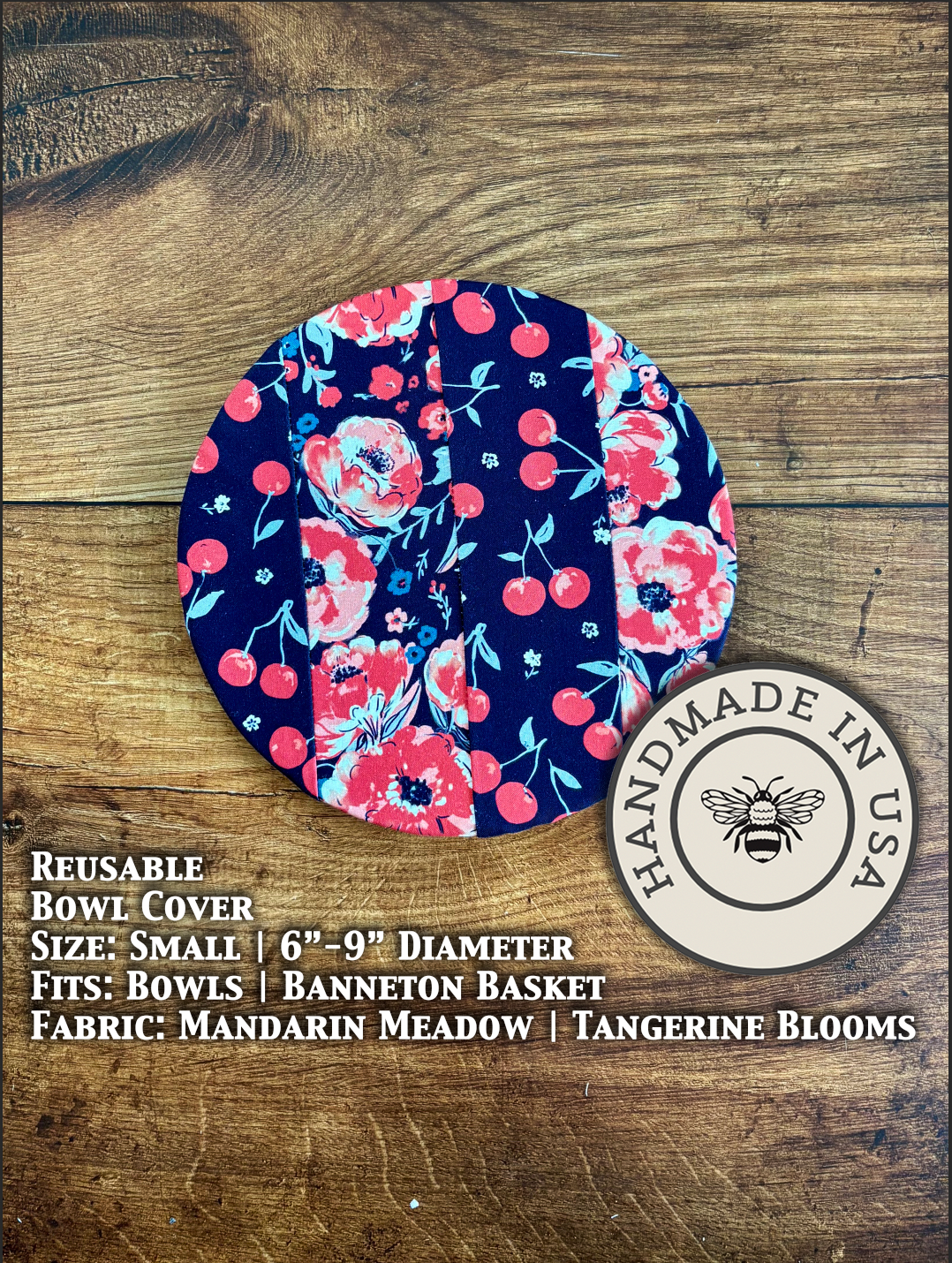 Small bowl and banneton covers from Five Oaks Farm, featuring cherries and dark jubliant bloom design, ideal for baking and serving.
