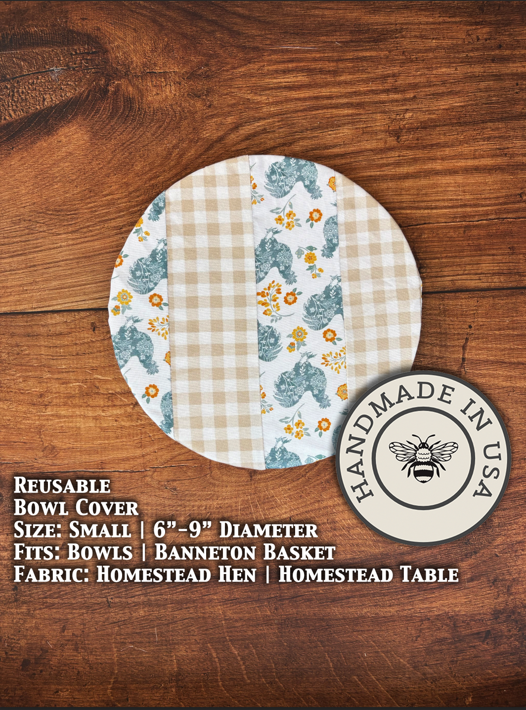 Small farm-themed bowl and banneton covers from Five Oaks Farm, featuring rustic design and natural fabric for bread proofing.
