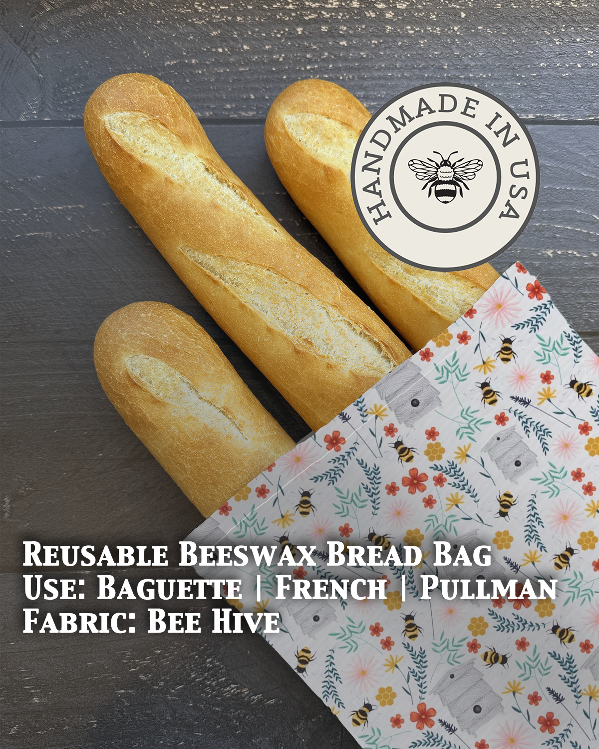 Beeswaxed Baguette bag from Five Oaks Farm with floral design, made from natural beeswaxed fabric, ideal for carrying essentials.