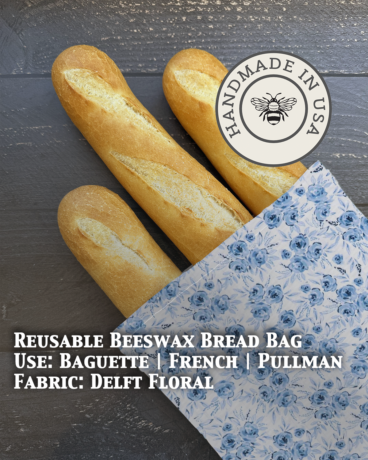 Beeswaxed Baguette bag from Five Oaks Farm, natural floral design, handcrafted from eco-friendly beeswaxed material.