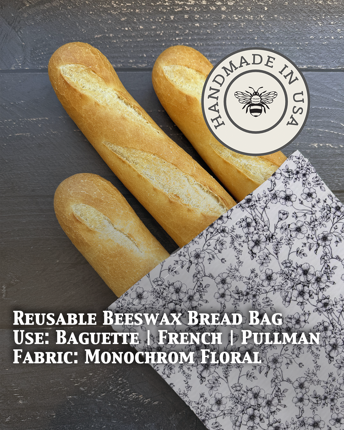 Beeswaxed Baguette Bag from Five Oaks Farm featuring floral designs, natural farm-crafted tote for carrying essentials.
