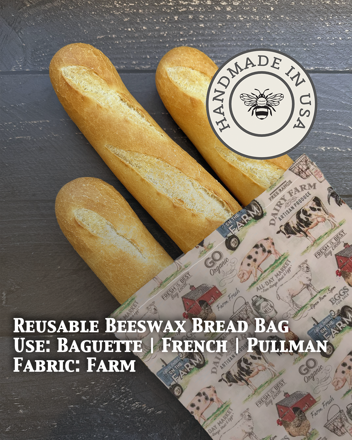 Beeswaxed Baguette Bag from Five Oaks Farm with floral design, made from natural farm materials, showcasing its rustic style and craftsmanship.