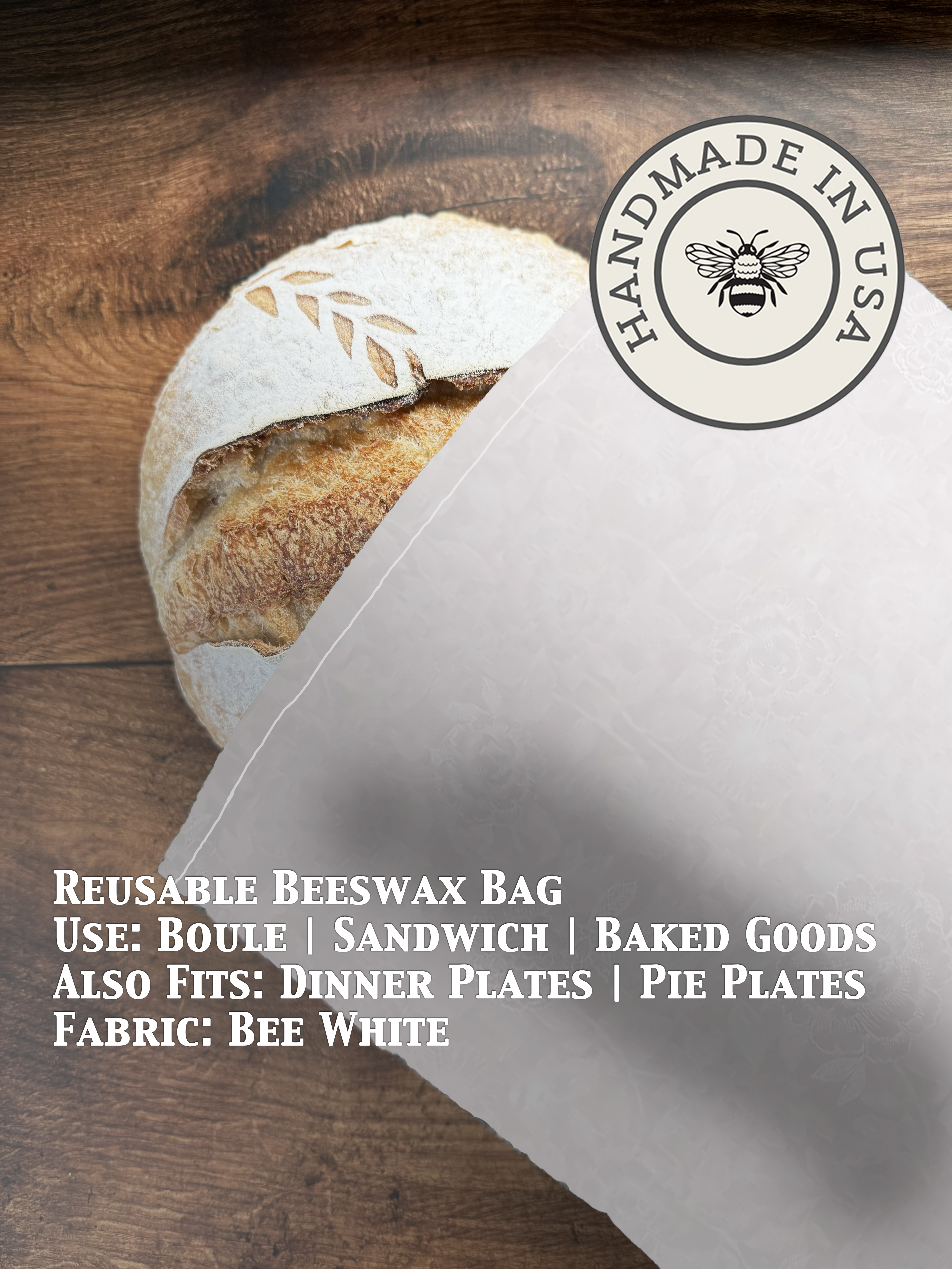 Beeswaxed bread bag from Five Oaks Farm, natural green fabric with beeswax coating for storing fresh bread.