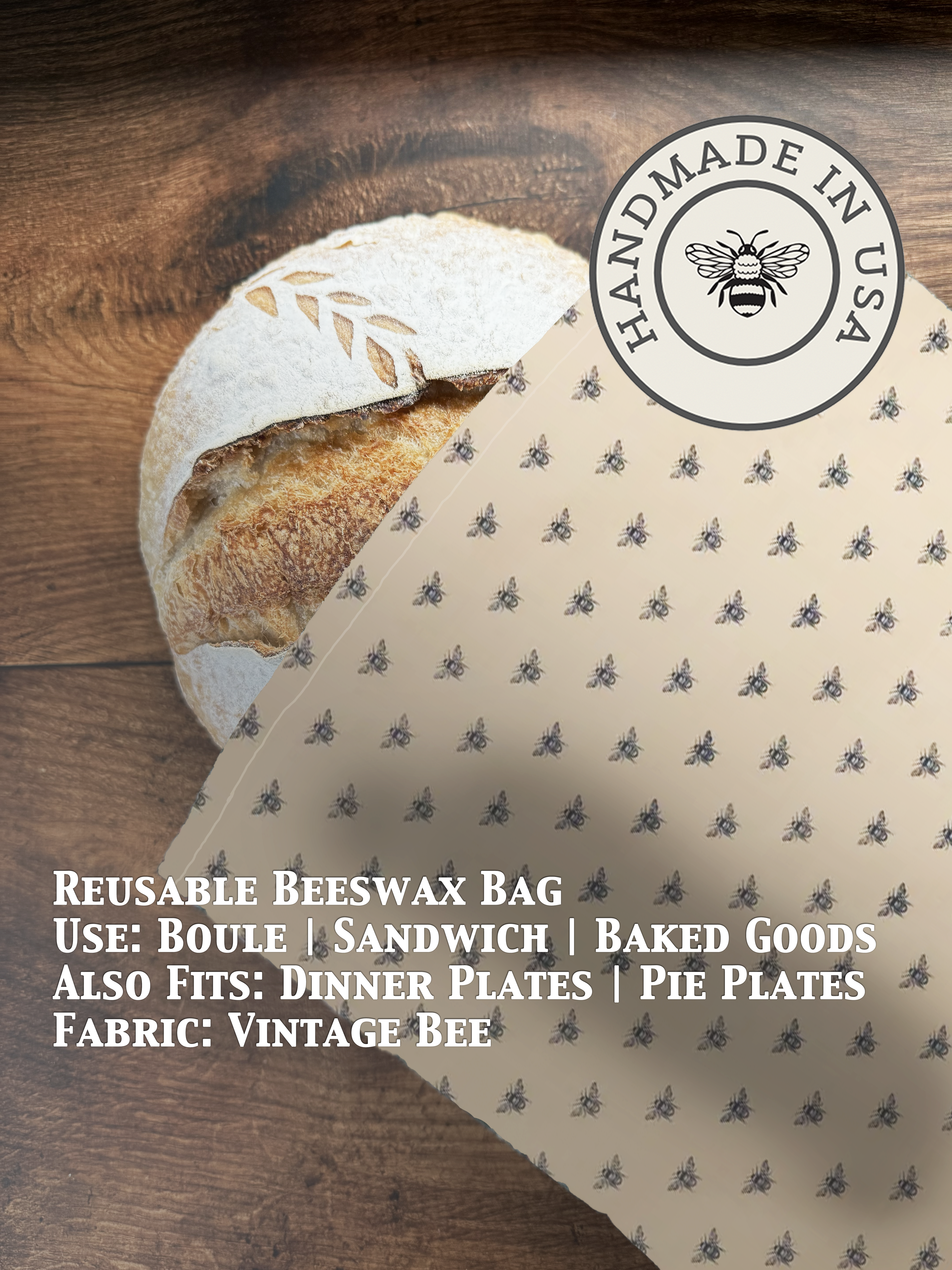 Beeswaxed bread bag from Five Oaks Farm, natural green fabric with beeswax coating for fresh bread storage.