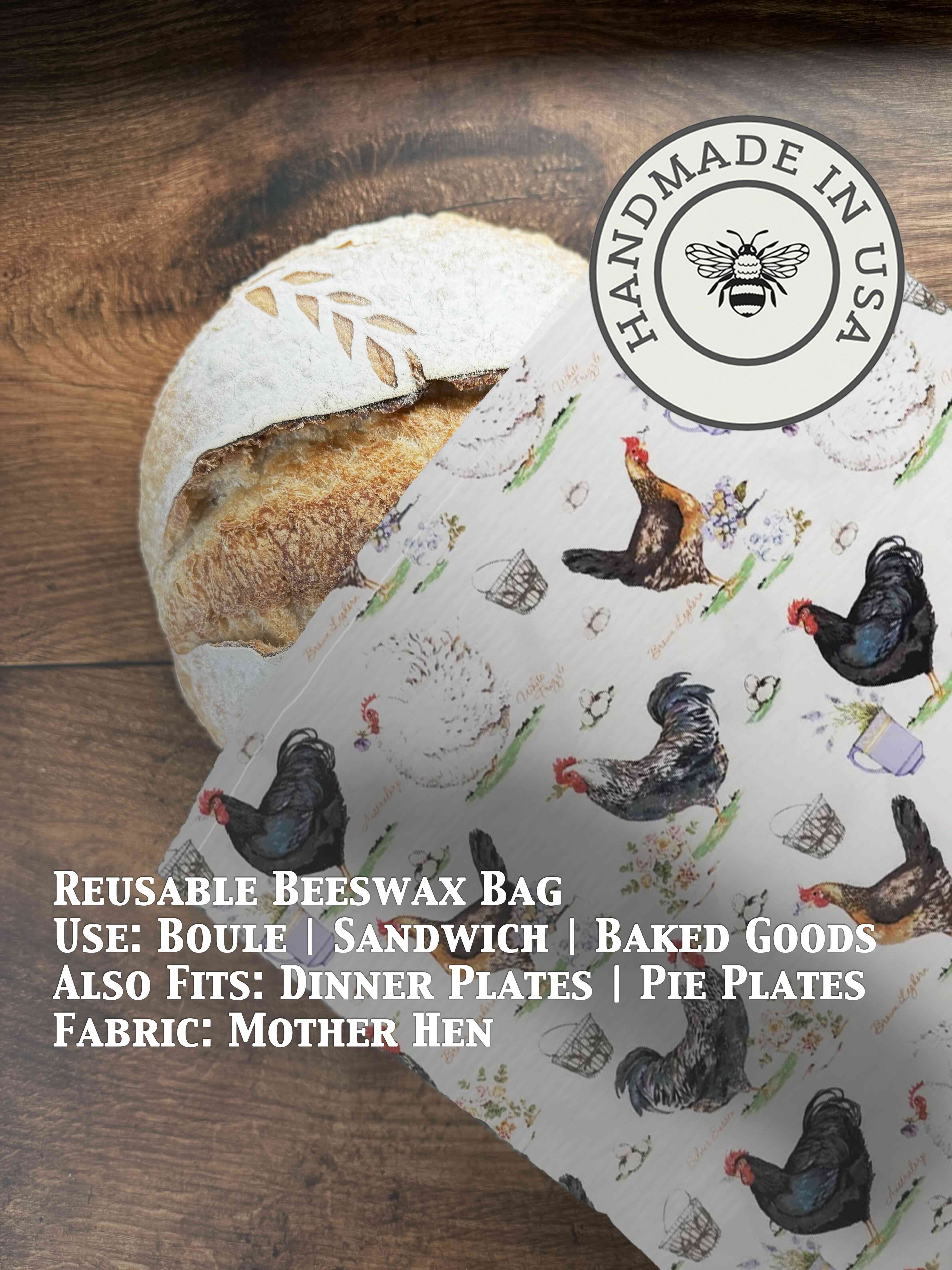Beeswaxed bread bag from Five Oaks Farm, natural green fabric with beeswax coating, ideal for storing fresh bread.