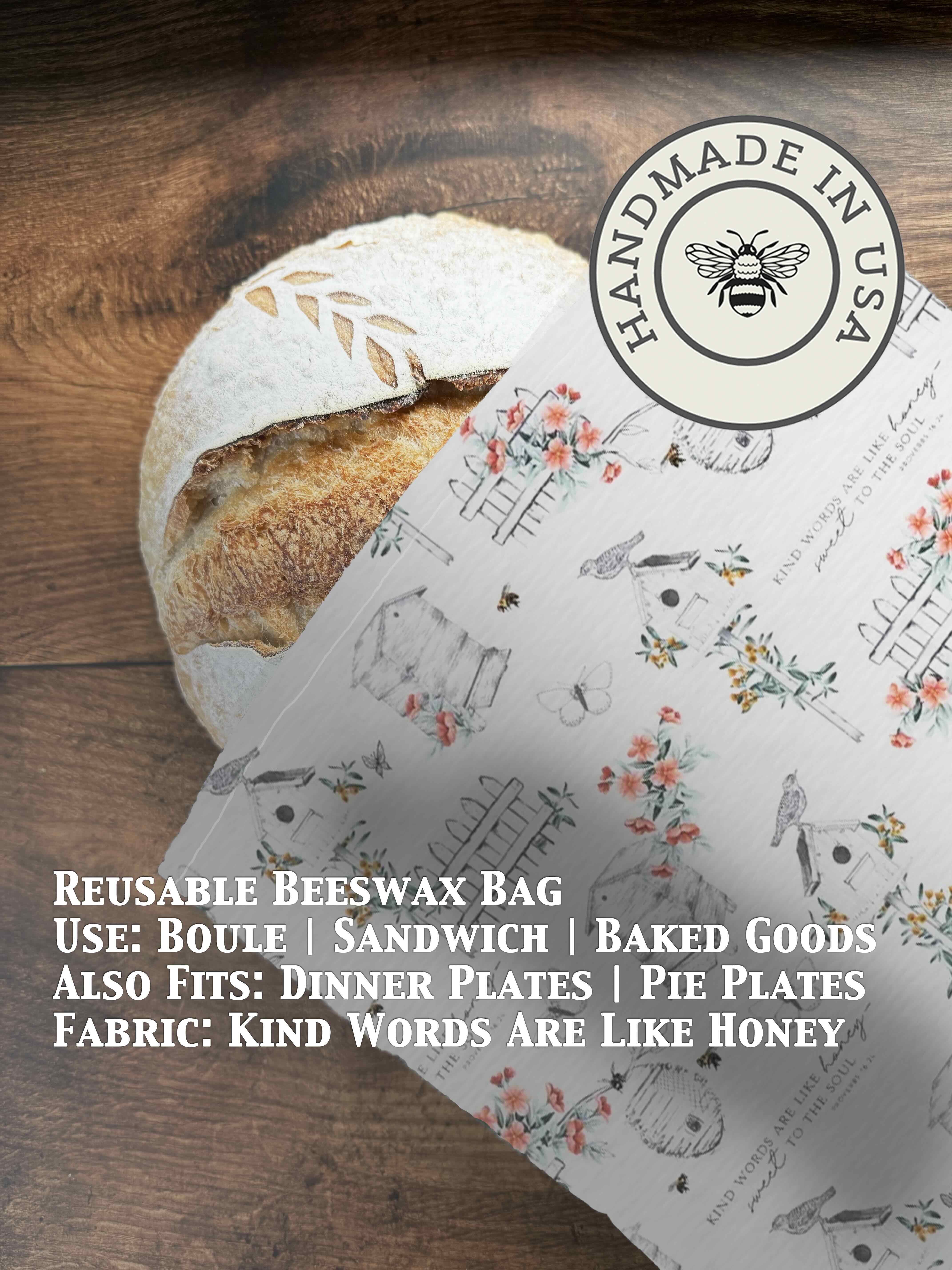 Beeswaxed bread bag from Five Oaks Farm with green fabric and natural beeswax coating for fresh bread storage.