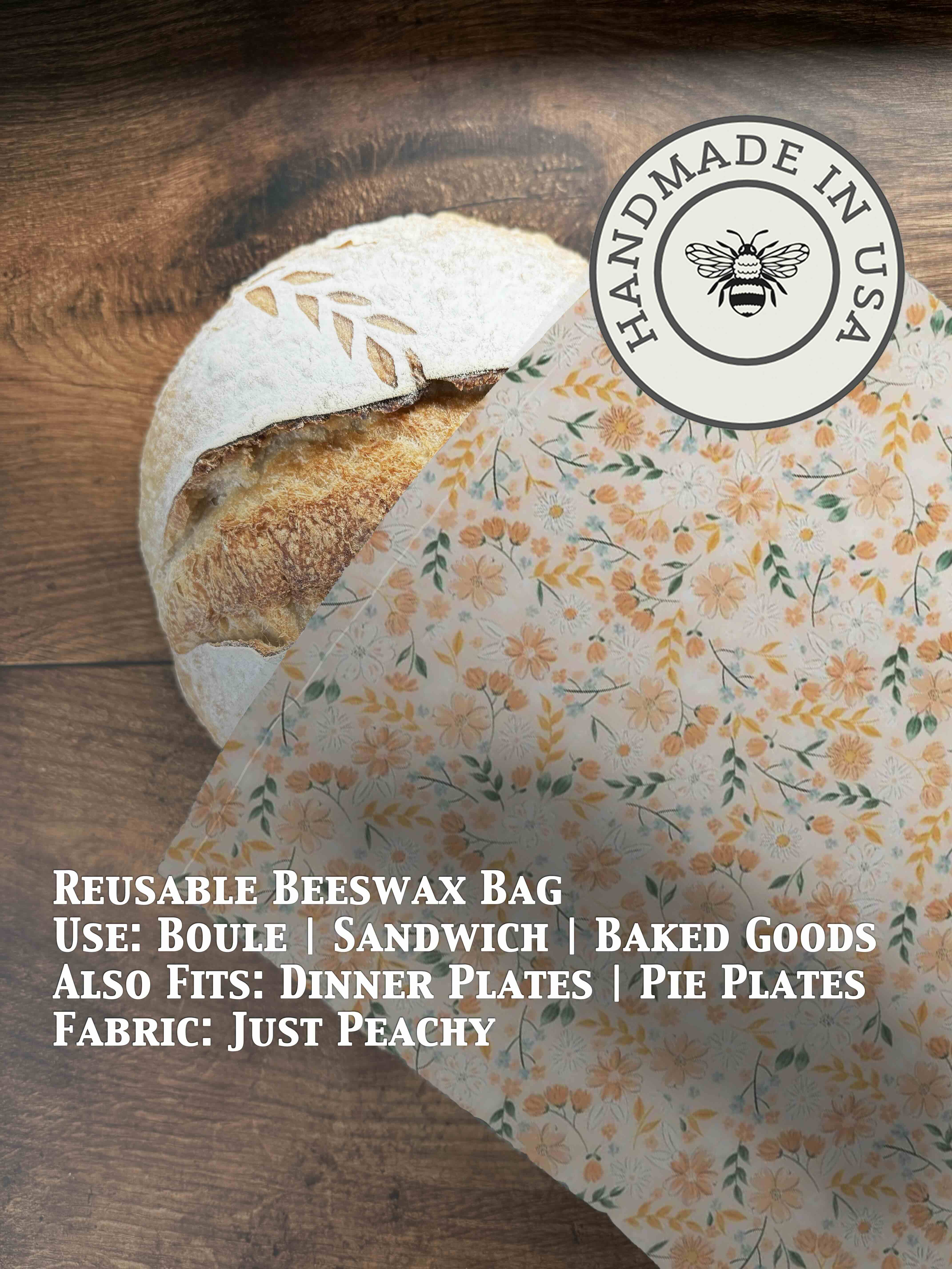 Beeswaxed bread bag from Five Oaks Farm, natural green fabric with beeswax coating for storing fresh bread.