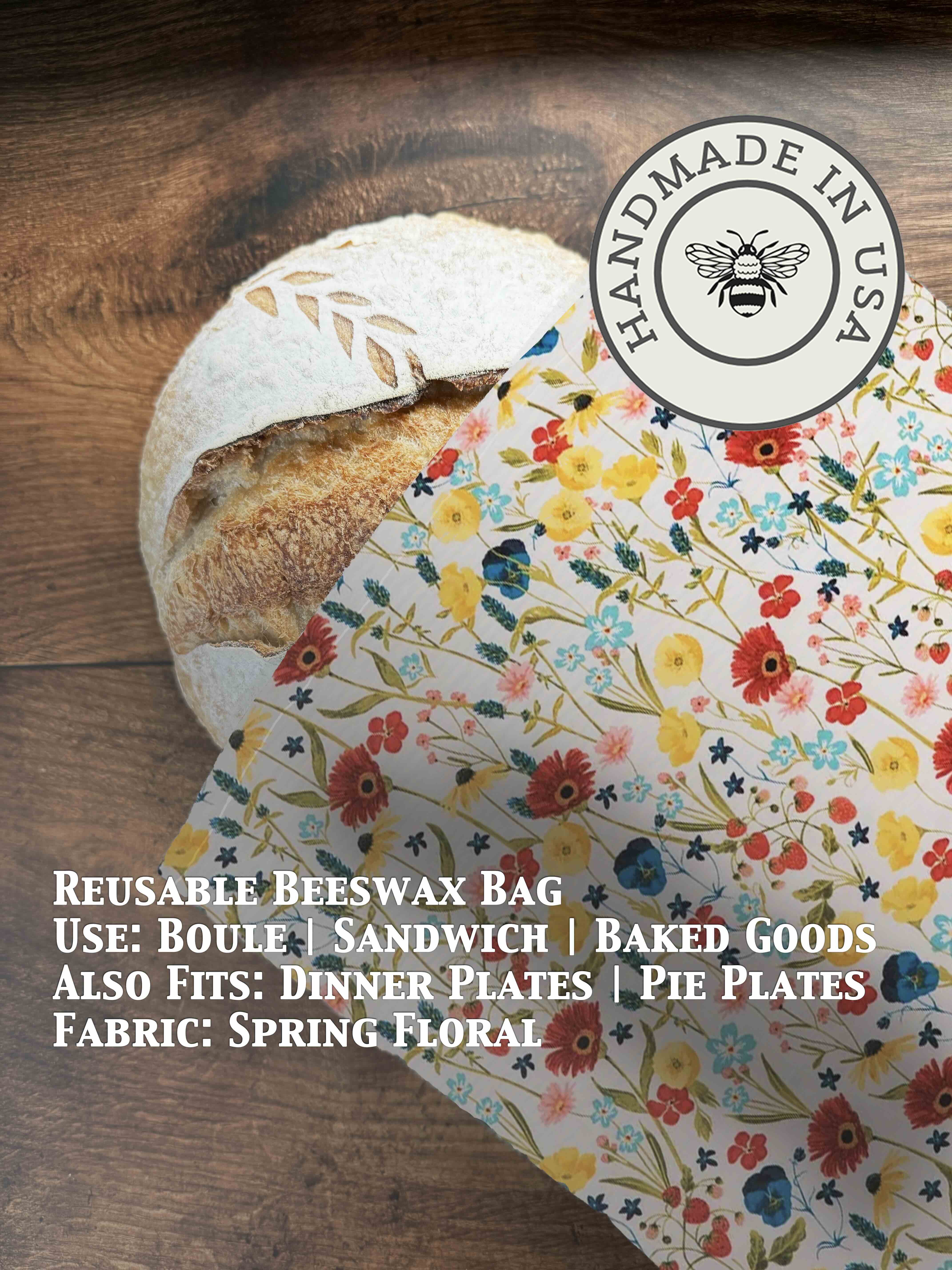 Beeswaxed bread bag from Five Oaks Farm, green fabric with natural beeswax coating, designed for storing bread and baked goods.