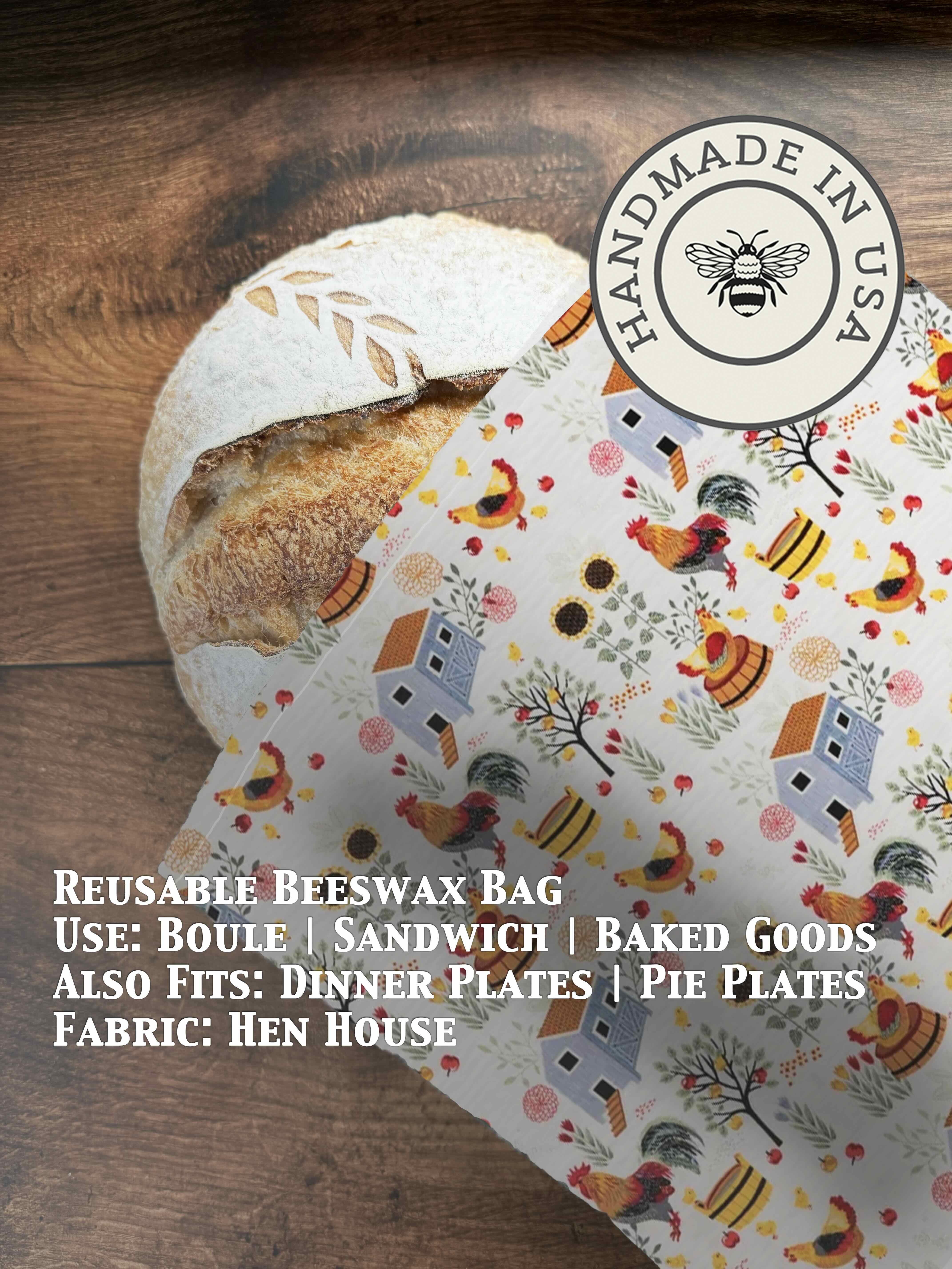 Beeswaxed bread bag from Five Oaks Farm with green fabric and natural beeswax coating for storing bread.