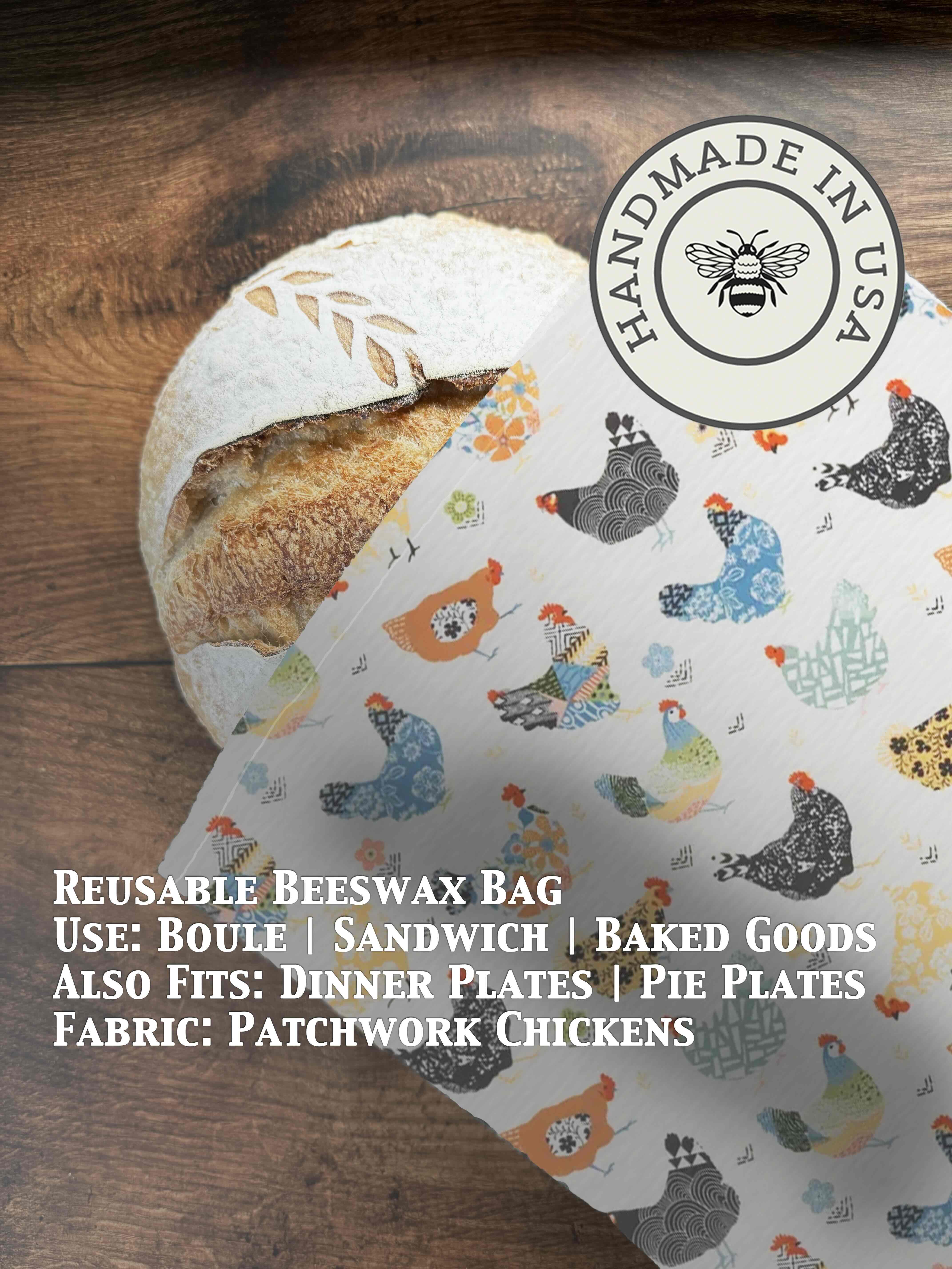 Beeswaxed bread bag from Five Oaks Farm, green fabric with natural beeswax coating for storing bread naturally.