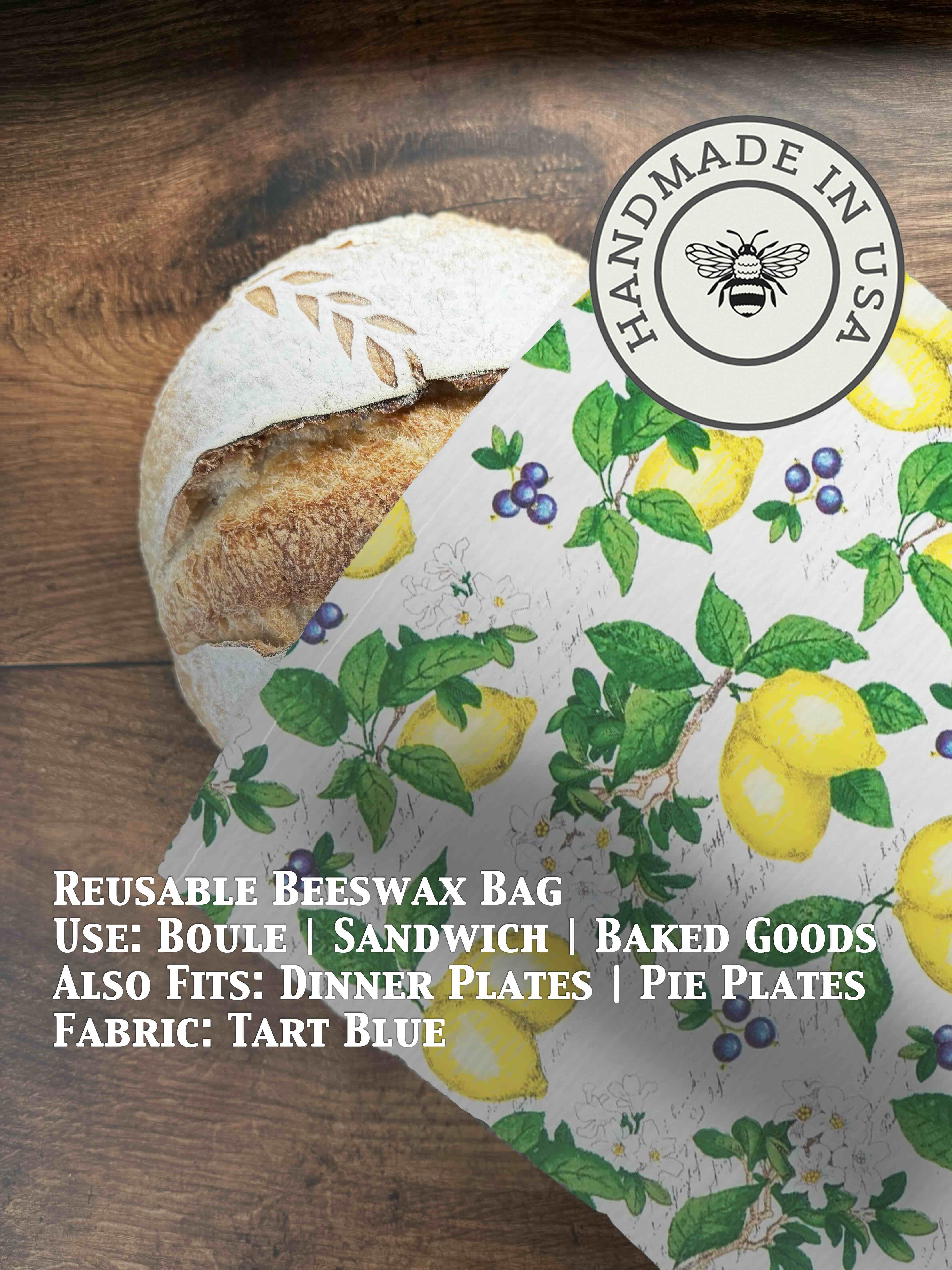 Bee-themed beeswaxed bread bag from Five Oaks Farm, green fabric with natural beeswax coating for fresh bread storage.
