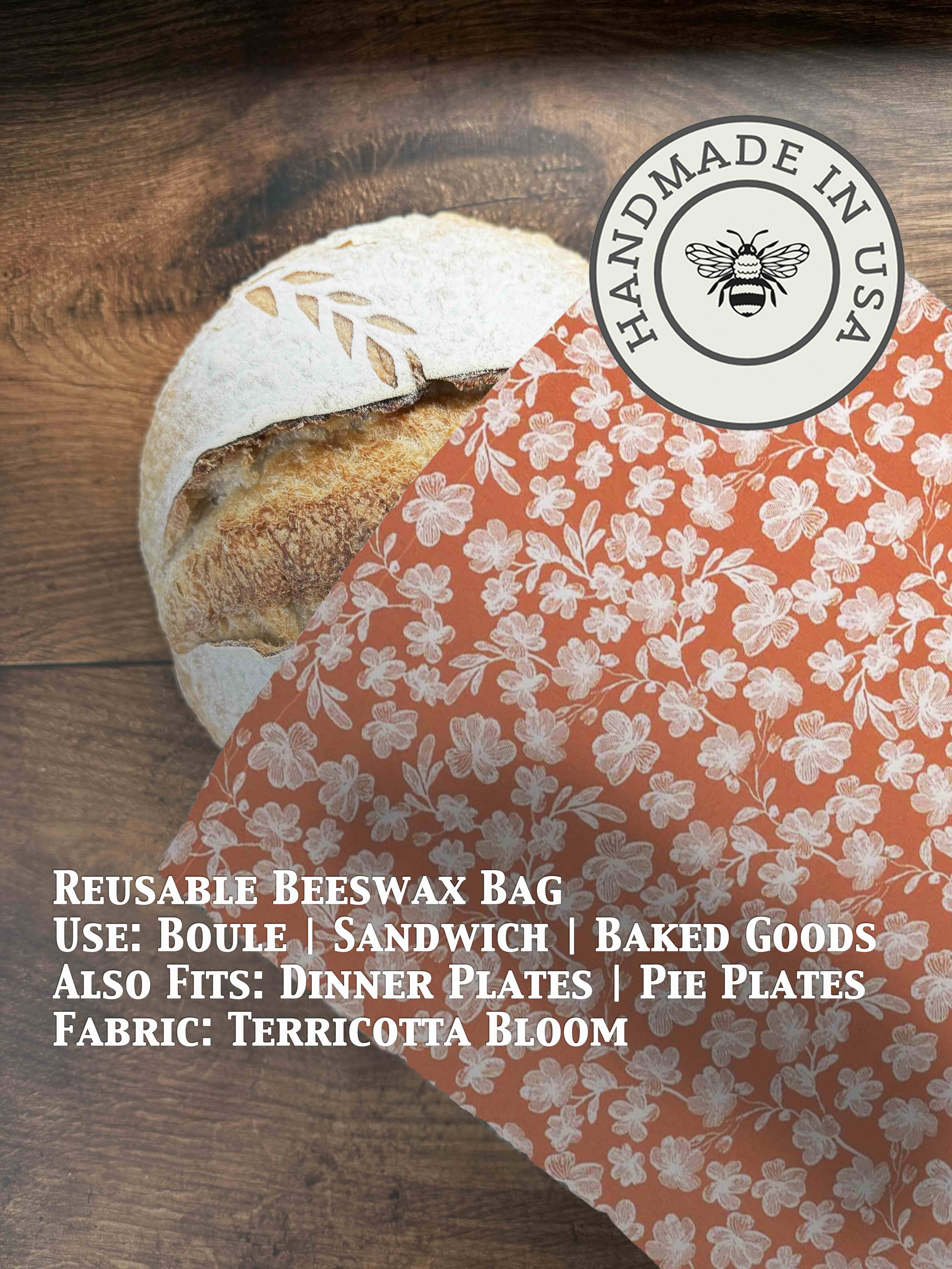 Beeswaxed bread bag from Five Oaks Farm with green fabric and natural beeswax coating for fresh bread storage.