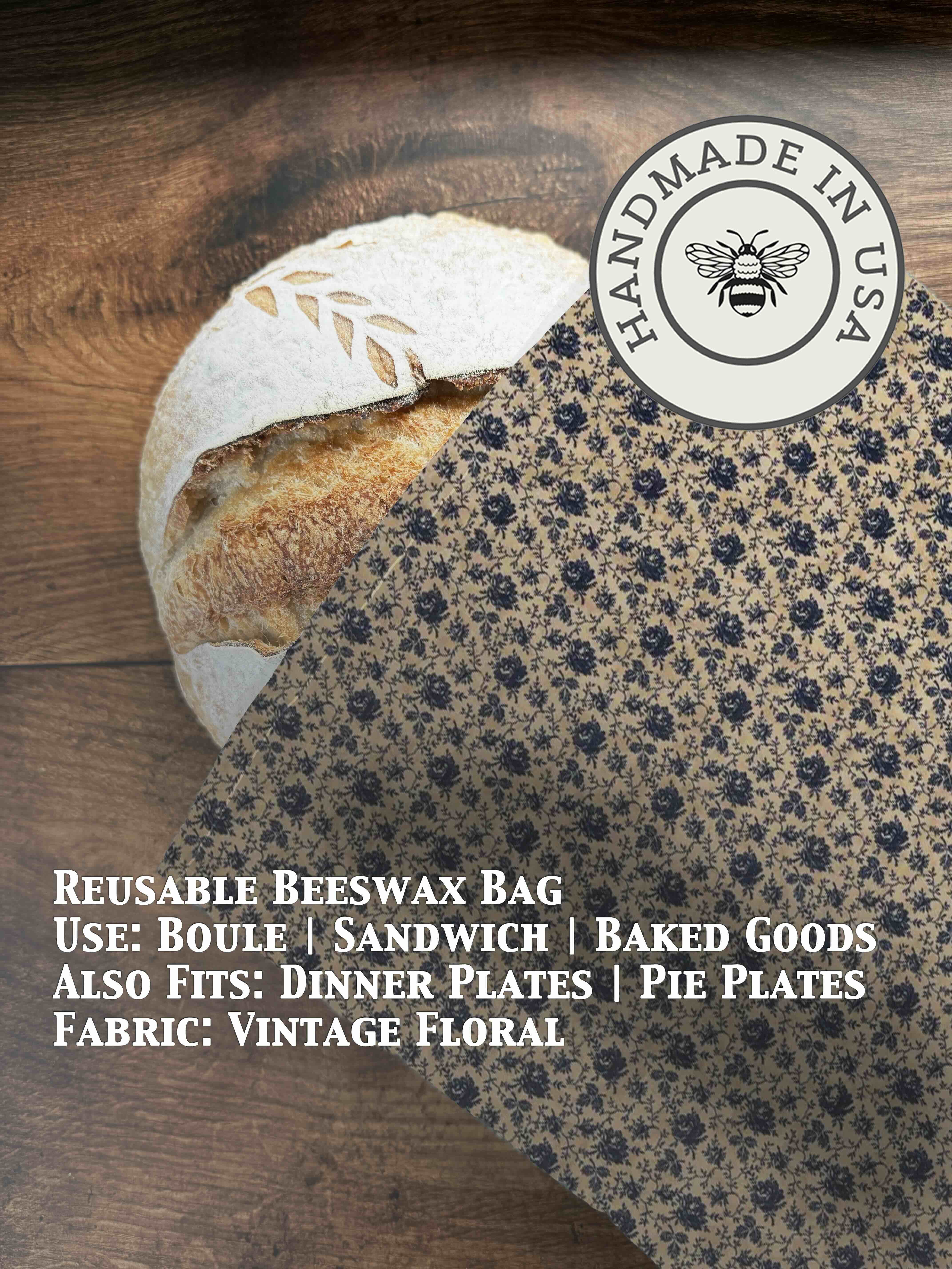 Beeswaxed bread bag from Five Oaks Farm, green fabric with natural beeswax coating, designed for storing fresh bread.