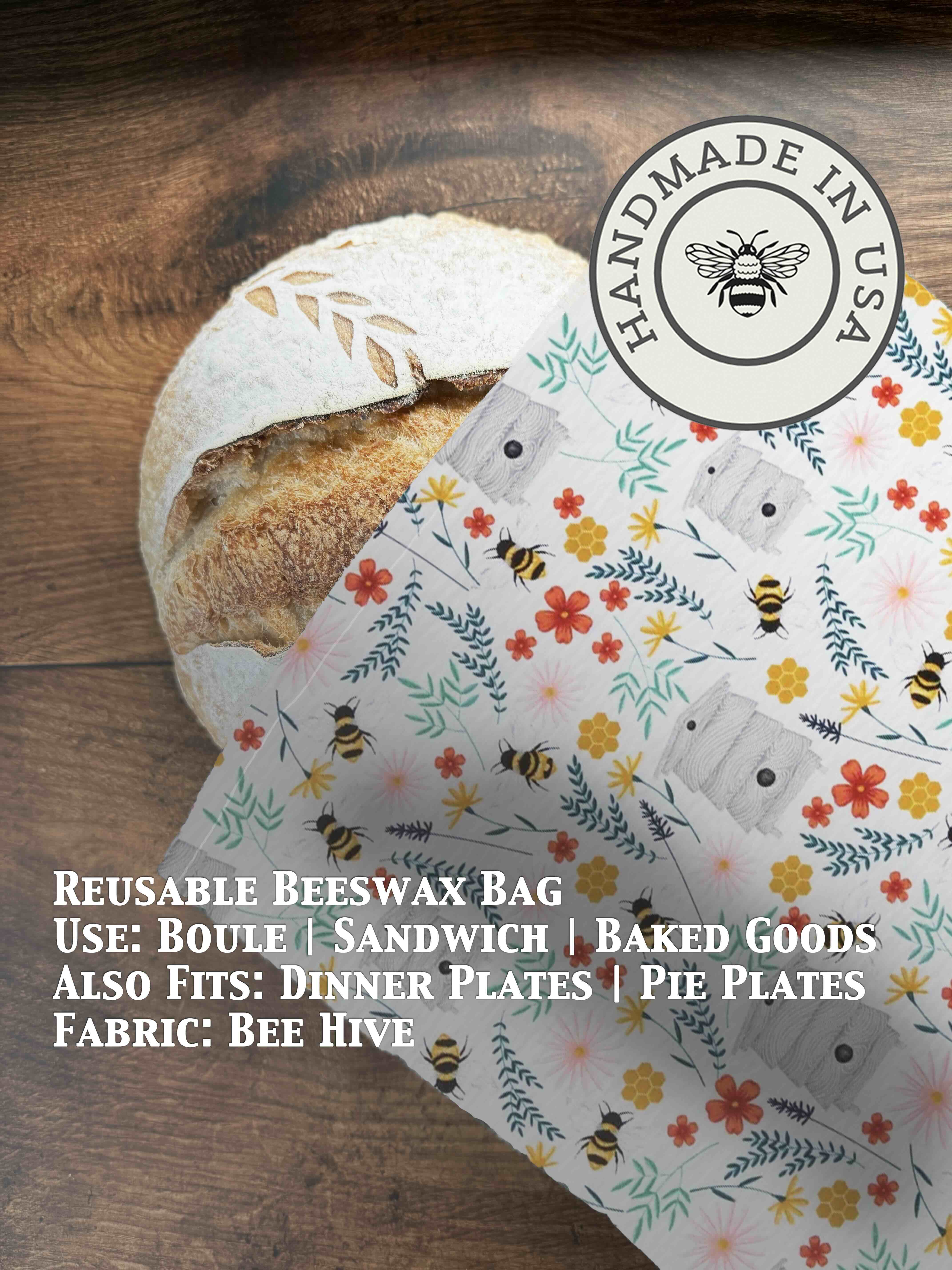 Beeswaxed bread bag from Five Oaks Farm, green fabric with natural beeswax coating, designed for storing bread naturally.