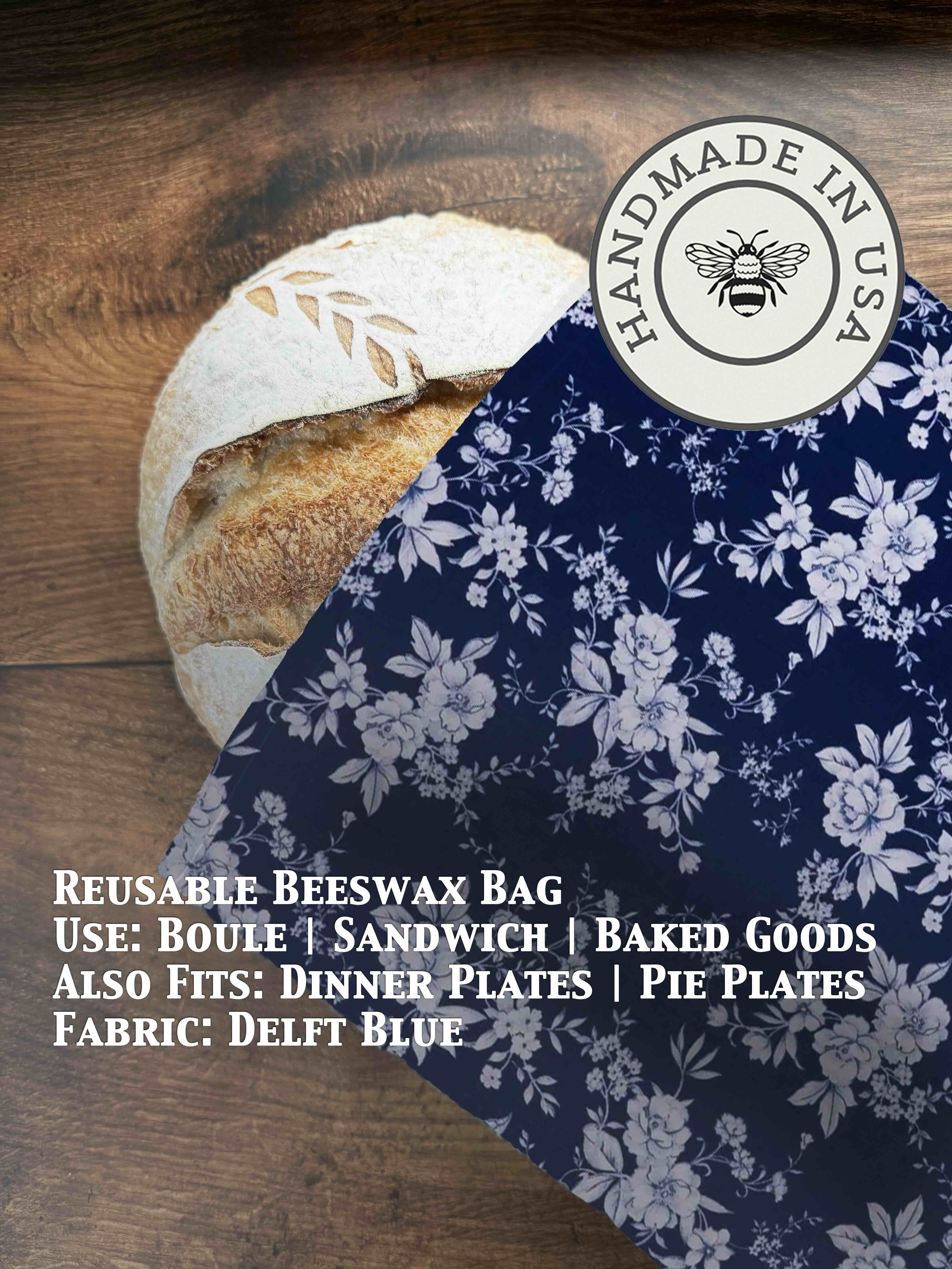 Beeswaxed bread bag from Five Oaks Farm, green fabric with natural beeswax coating for storing fresh bread.