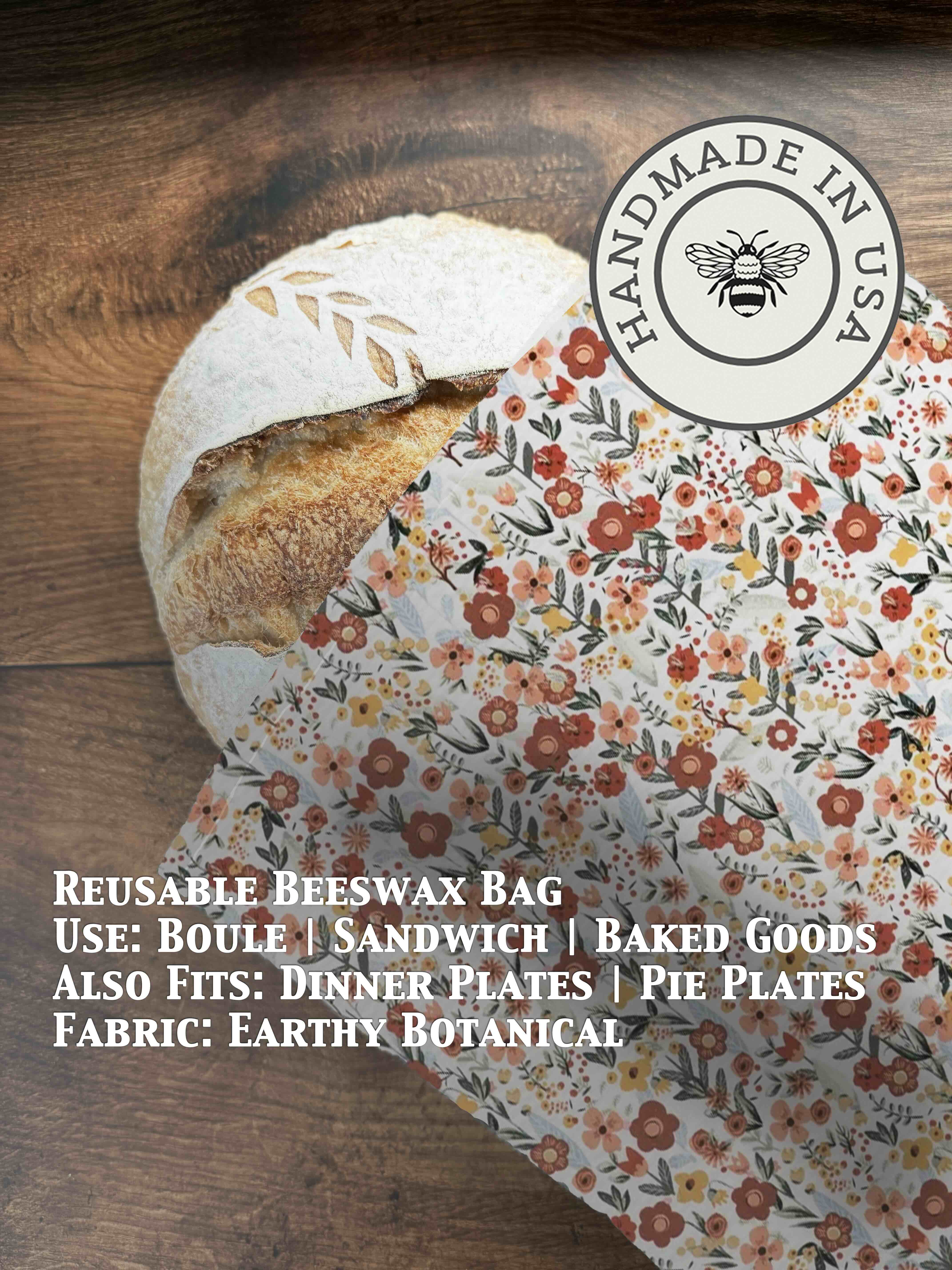 Beeswaxed bread bag from Five Oaks Farm, natural green fabric with beeswax coating, ideal for storing fresh bread from the farm.