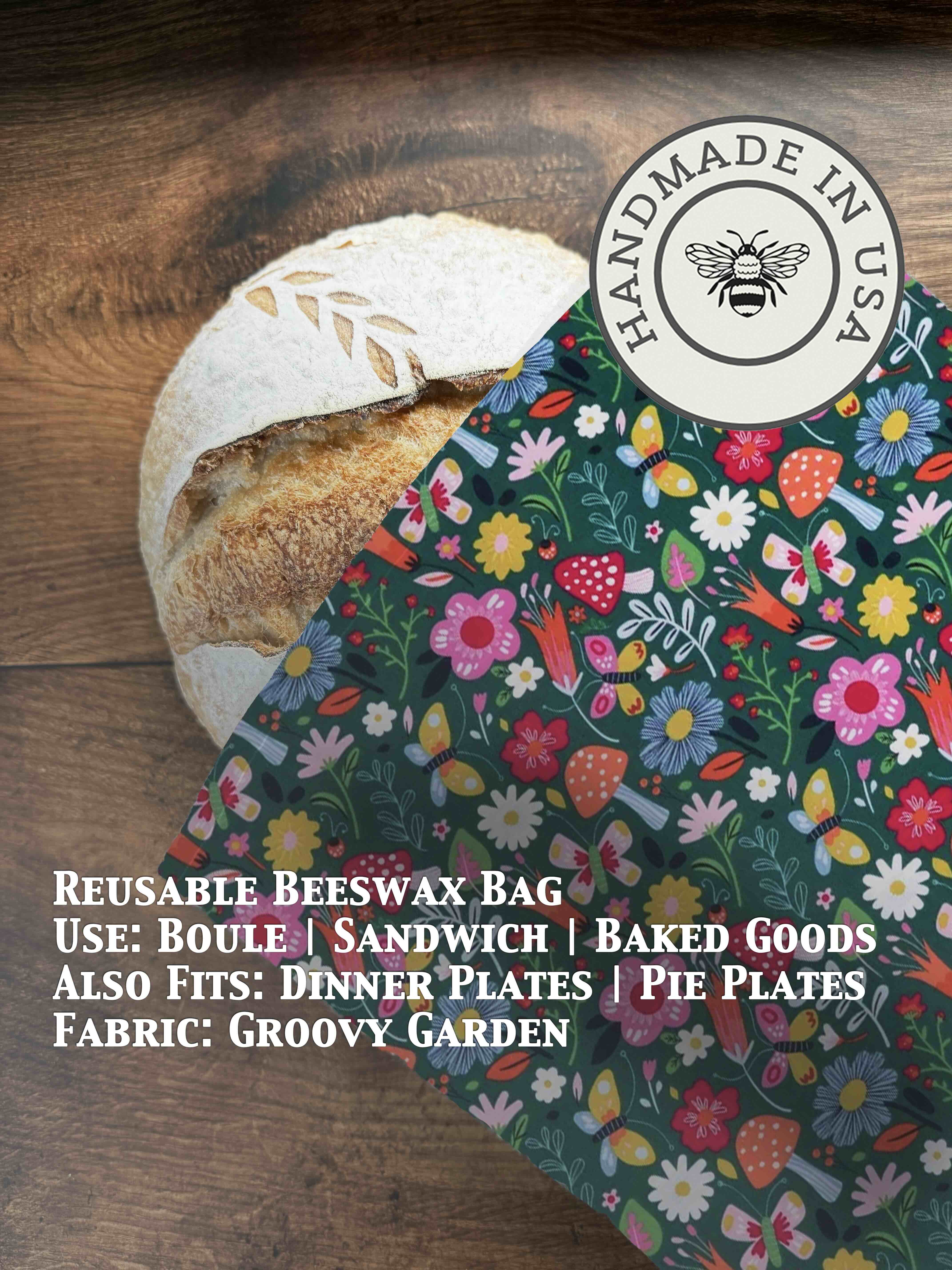 Beeswaxed bread bag from Five Oaks Farm with green fabric and natural beeswax coating for fresh bread storage.