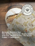 Beeswaxed bread bag from Five Oaks Farm, green fabric with natural beeswax coating, designed for storing homemade bread.