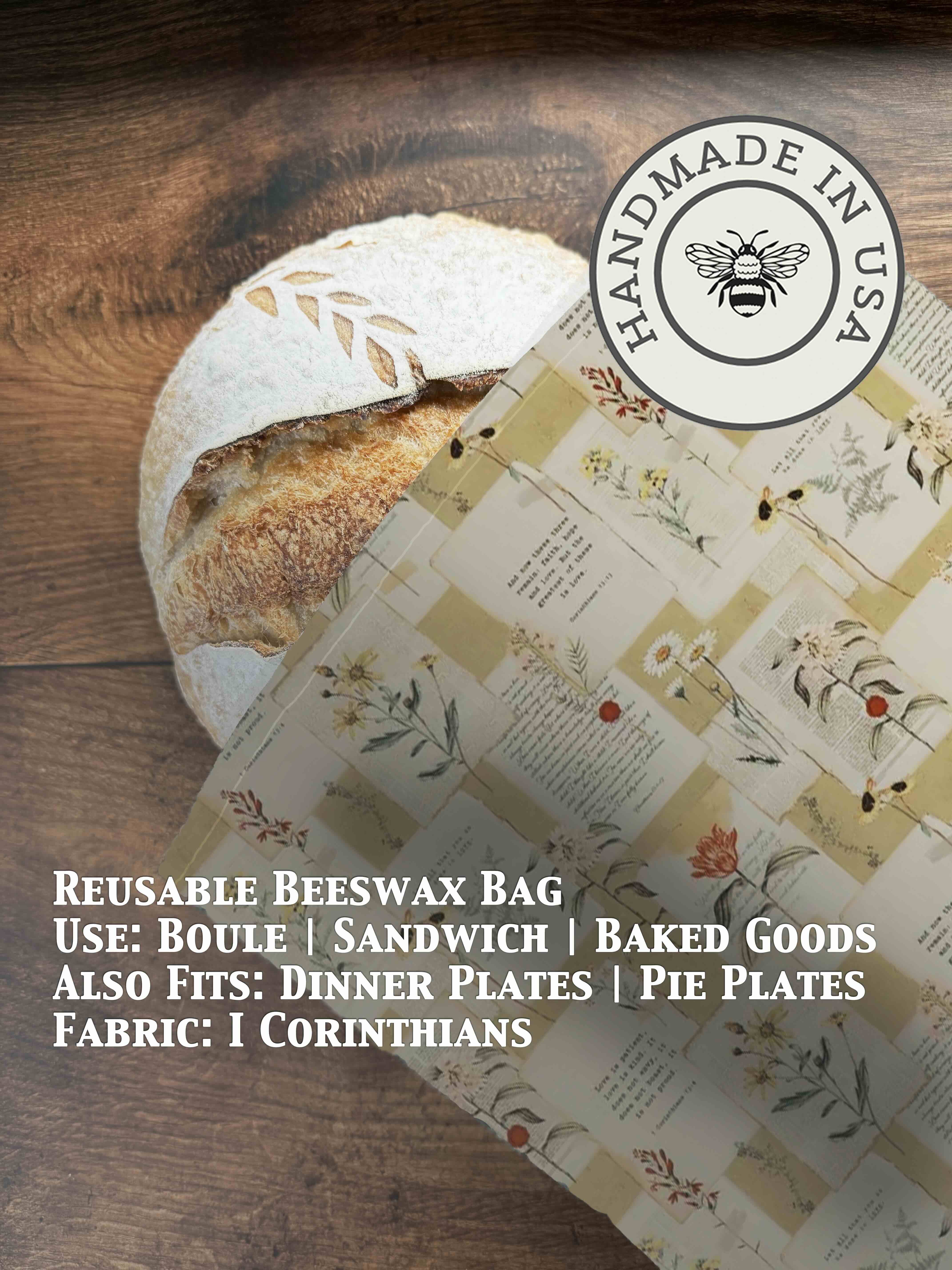 Beeswaxed bread bag from Five Oaks Farm, green fabric with natural beeswax coating, designed for storing homemade bread.