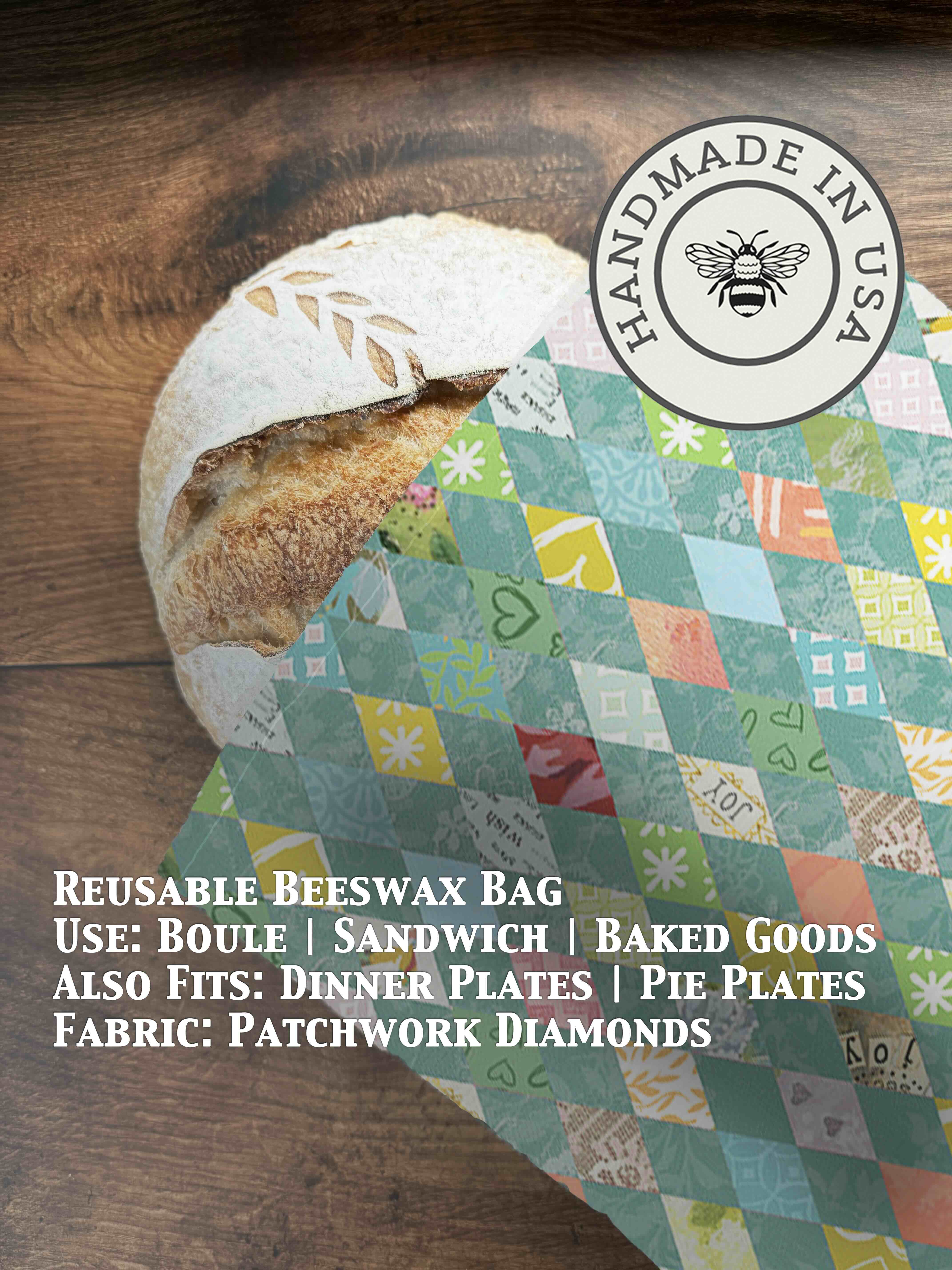 Bee-themed beeswaxed bread bag from Five Oaks Farm, eco-friendly storage for fresh bread, with green design and natural beeswax finish.