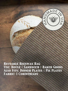 Beeswaxed bread bag from Five Oaks Farm, natural green fabric with beeswax coating, eco-friendly bread storage from the farm.