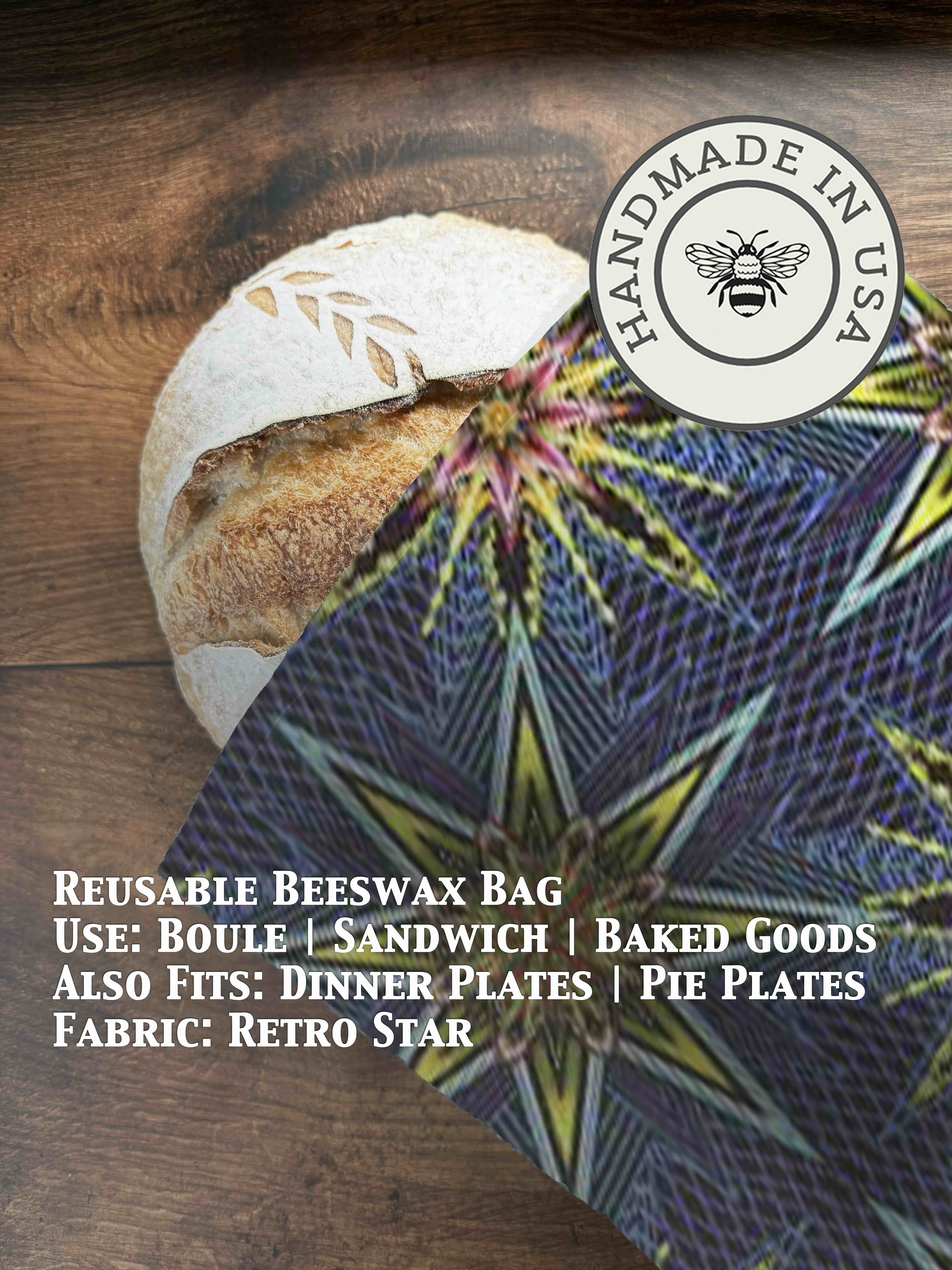 Beeswaxed bread bag from Five Oaks Farm, green fabric with natural beeswax coating, ideal for storing fresh bread.
