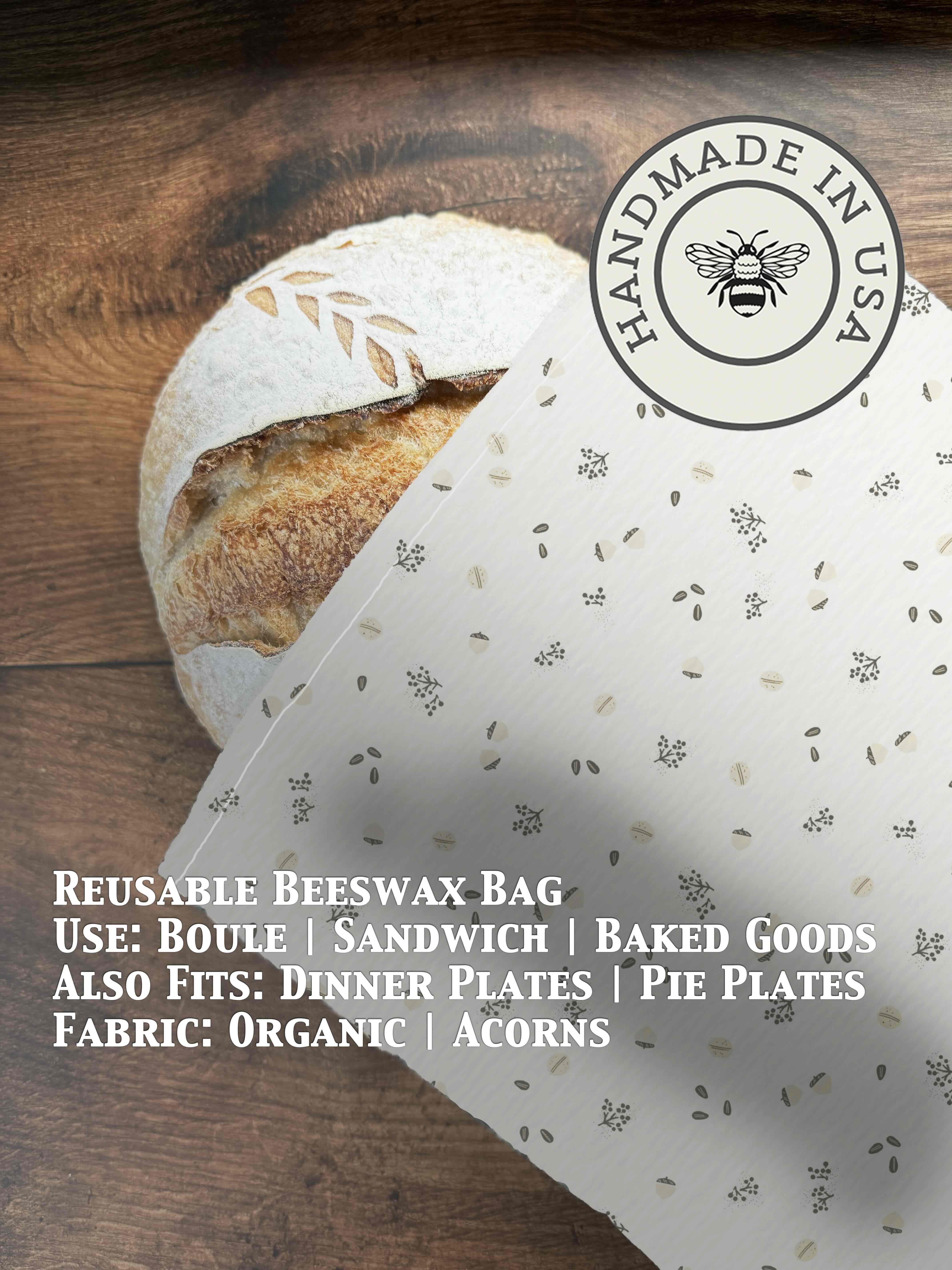 Beeswaxed bread bag from Five Oaks Farm, green fabric with natural beeswax coating, designed for storing fresh bread.