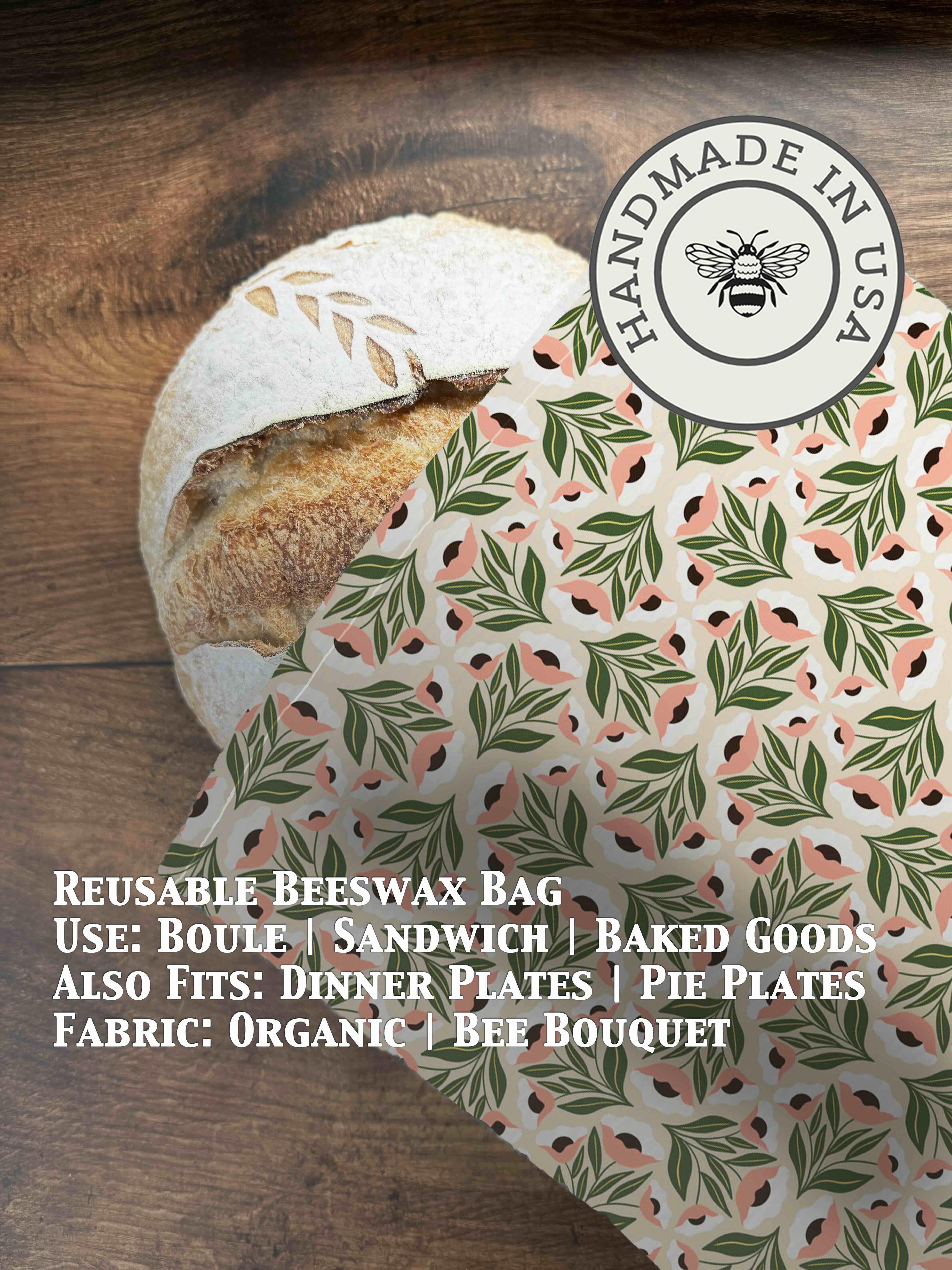 Beeswaxed bread bag from Five Oaks Farm, natural green fabric with beeswax coating, for storing fresh bread.