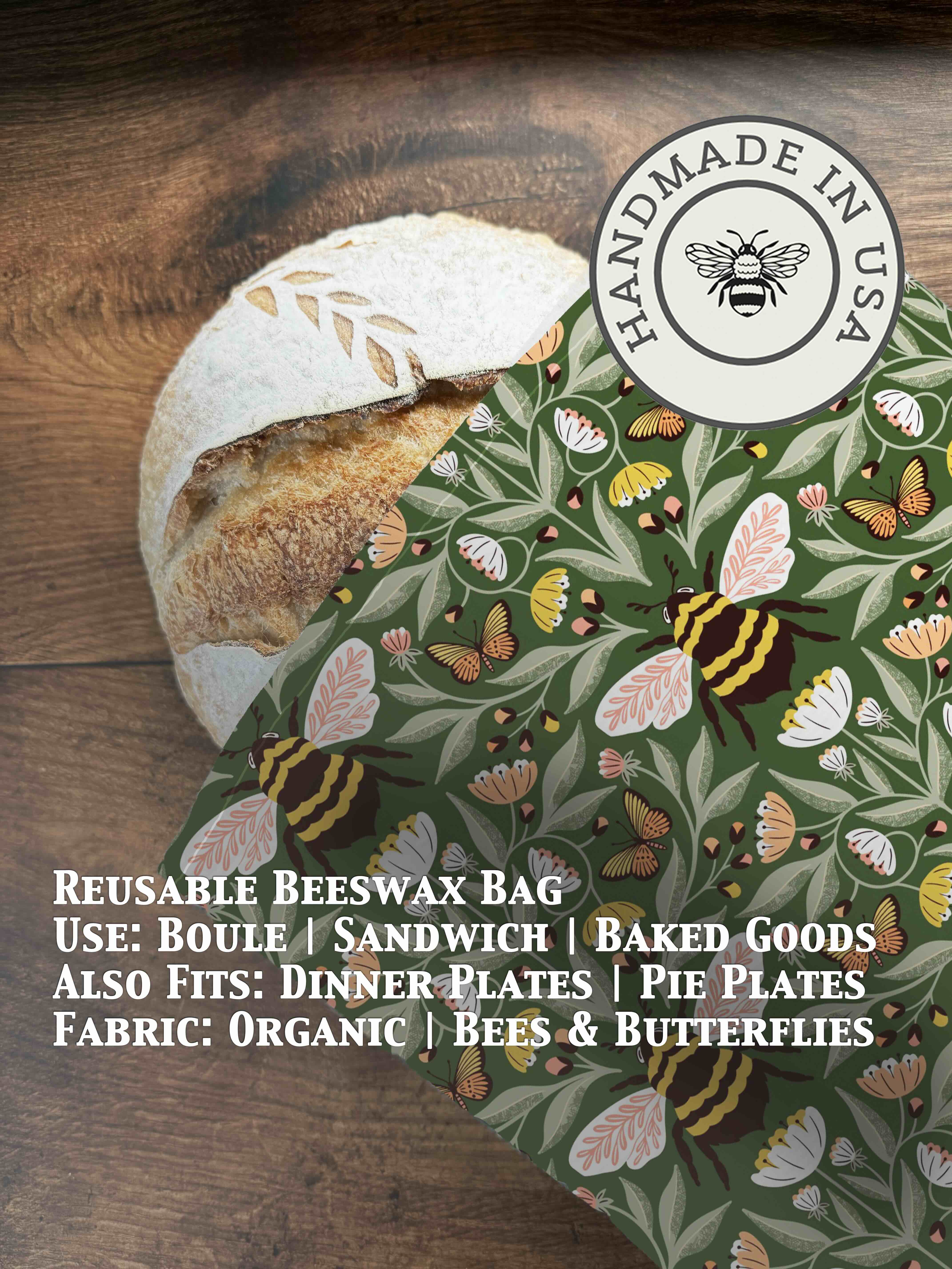 Beeswaxed bread bag from Five Oaks Farm, natural green fabric with beeswax coating for storing fresh bread.