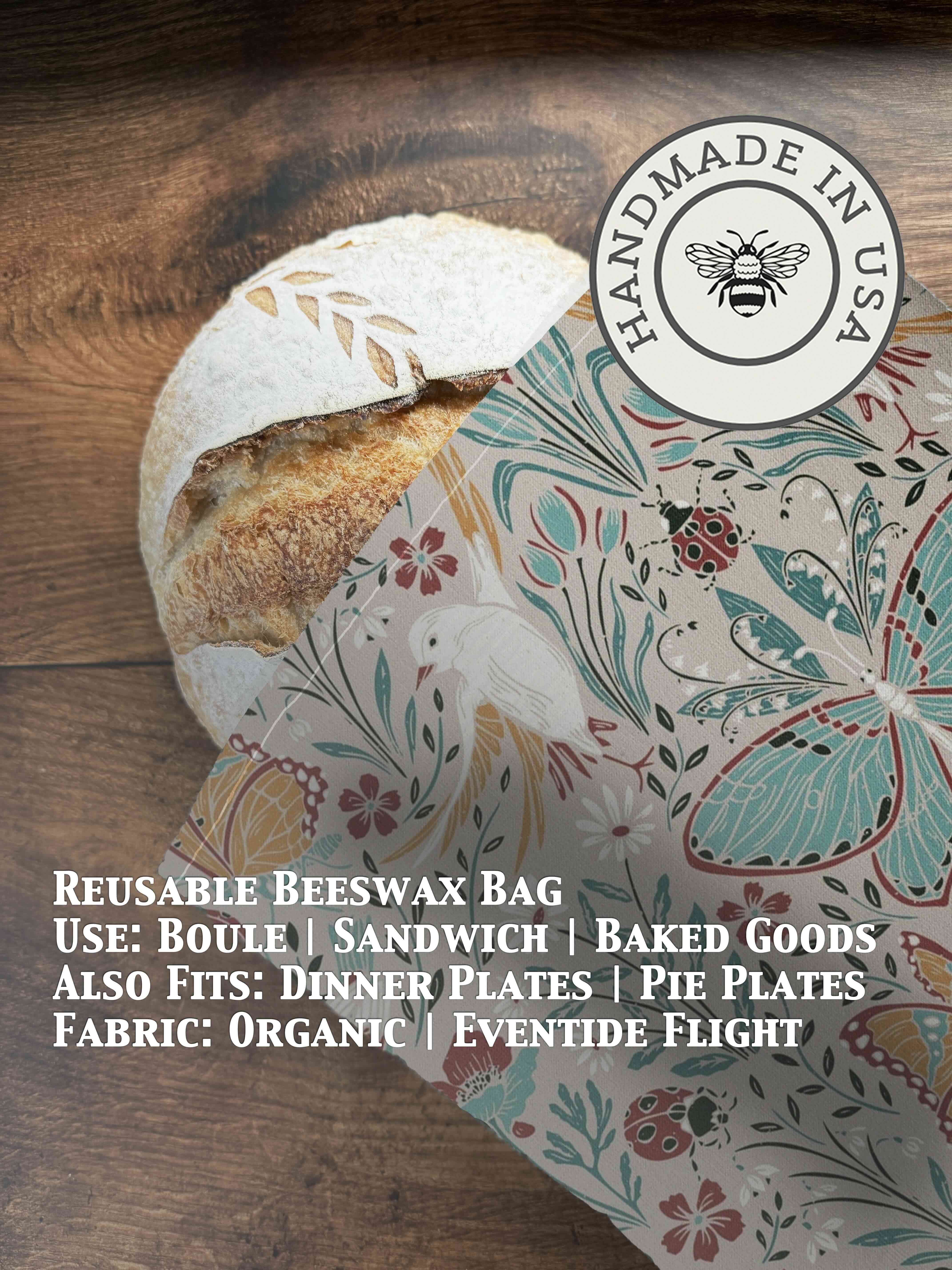 Beeswaxed bread bag from Five Oaks Farm with green fabric and natural beeswax coating, designed for storing bakery bread.