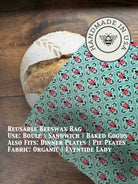 Bee-themed beeswaxed bread bag from Five Oaks Farm, eco-friendly cloth bag for storing bread naturally and sustainably.