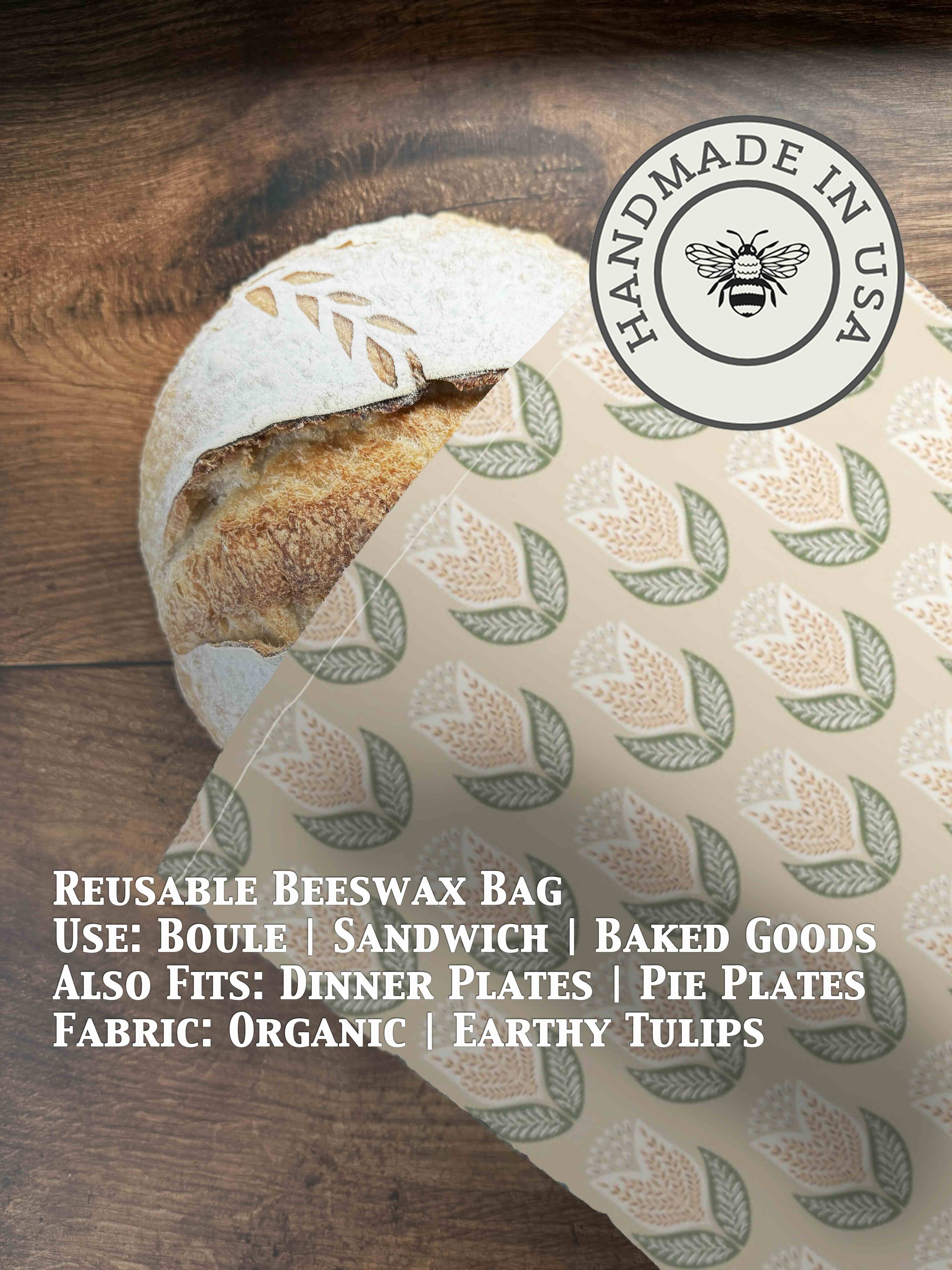 Beeswaxed bread bag from Five Oaks Farm made of green fabric, designed for storing fresh bread naturally.