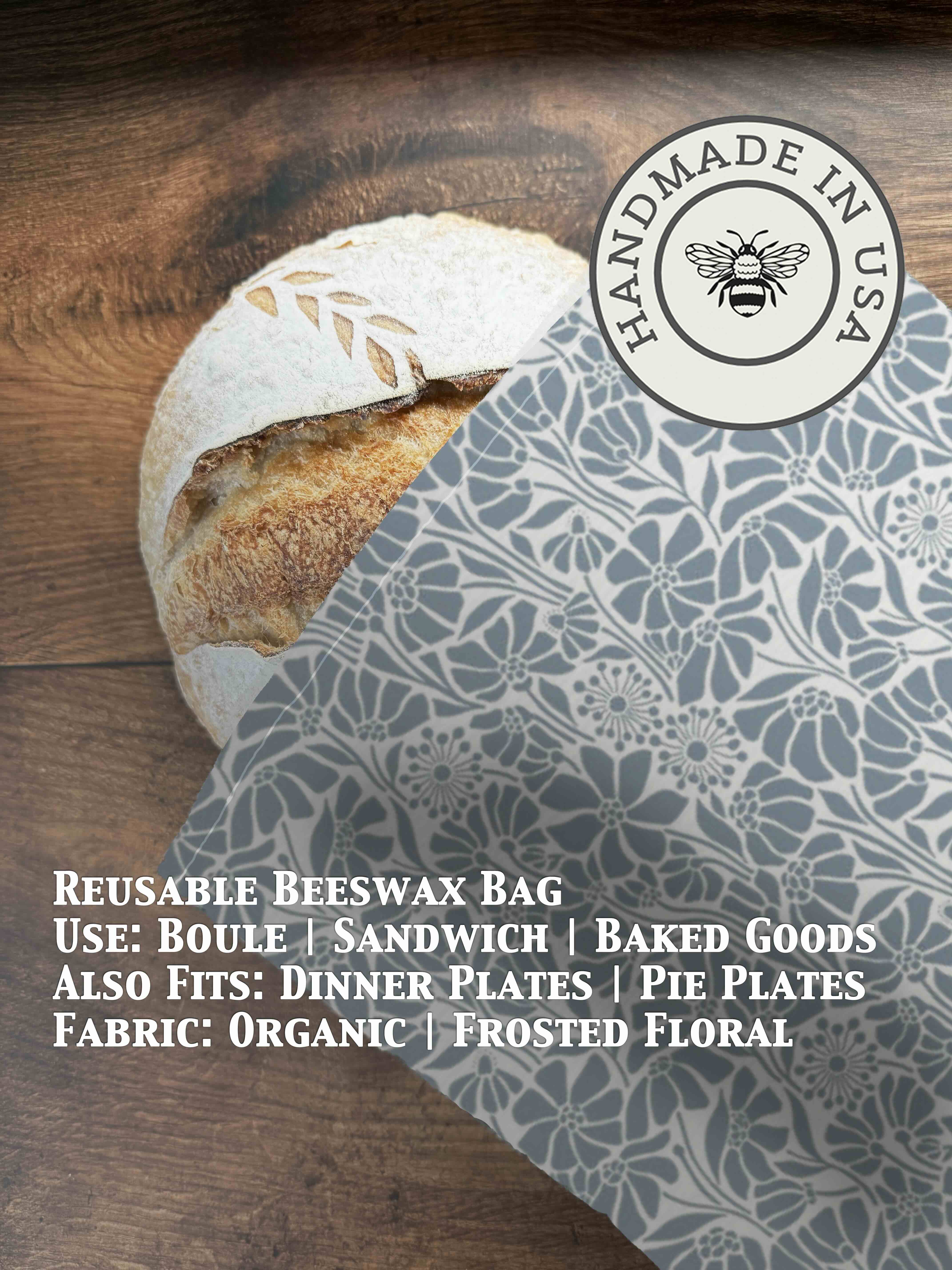Beeswaxed bread bag from Five Oaks Farm, made from natural fabric, with green beeswax coating for fresh bread storage.