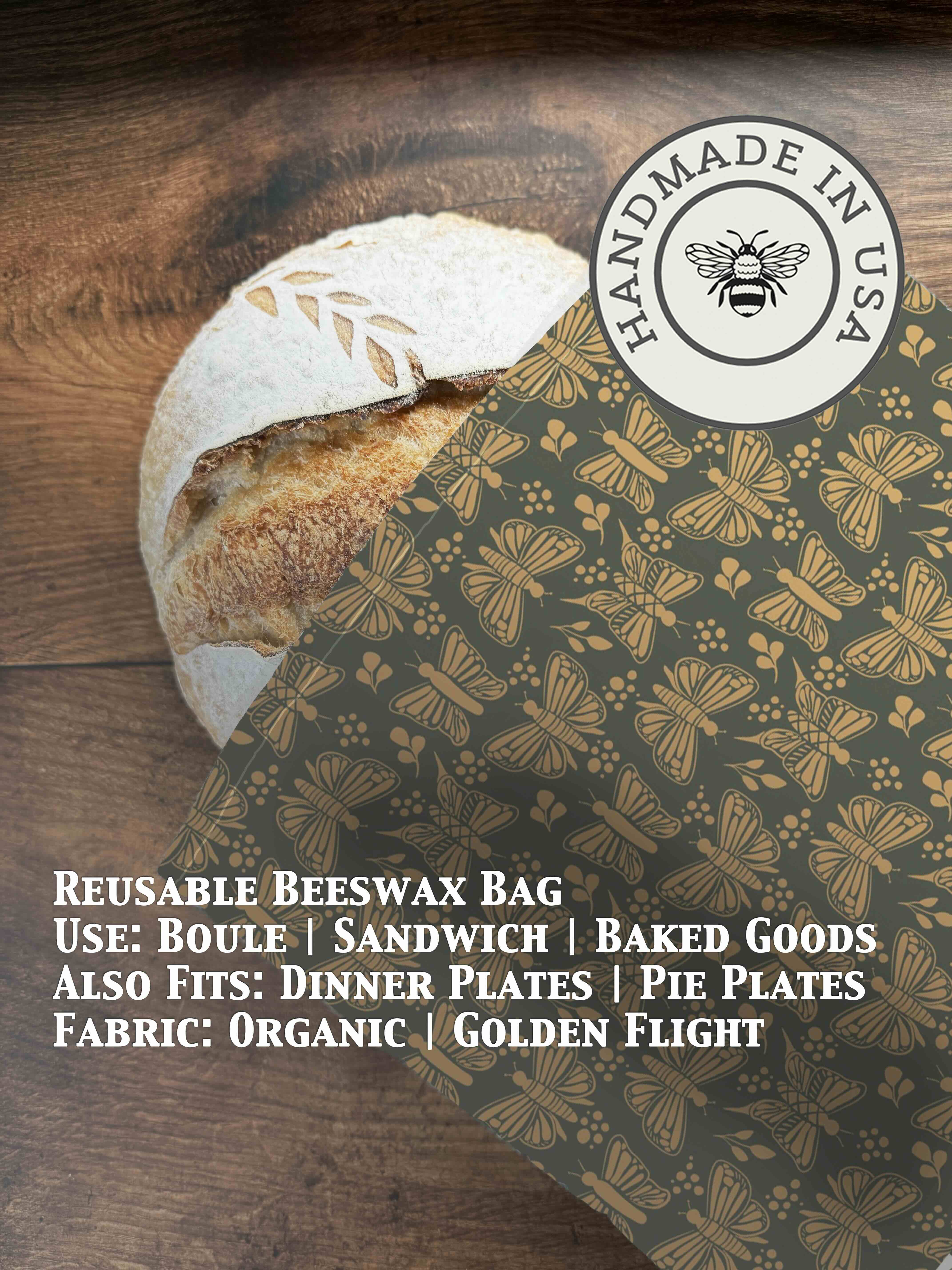 Bee-themed beeswaxed bread bag from Five Oaks Farm, made of natural fabric for storing fresh bread.