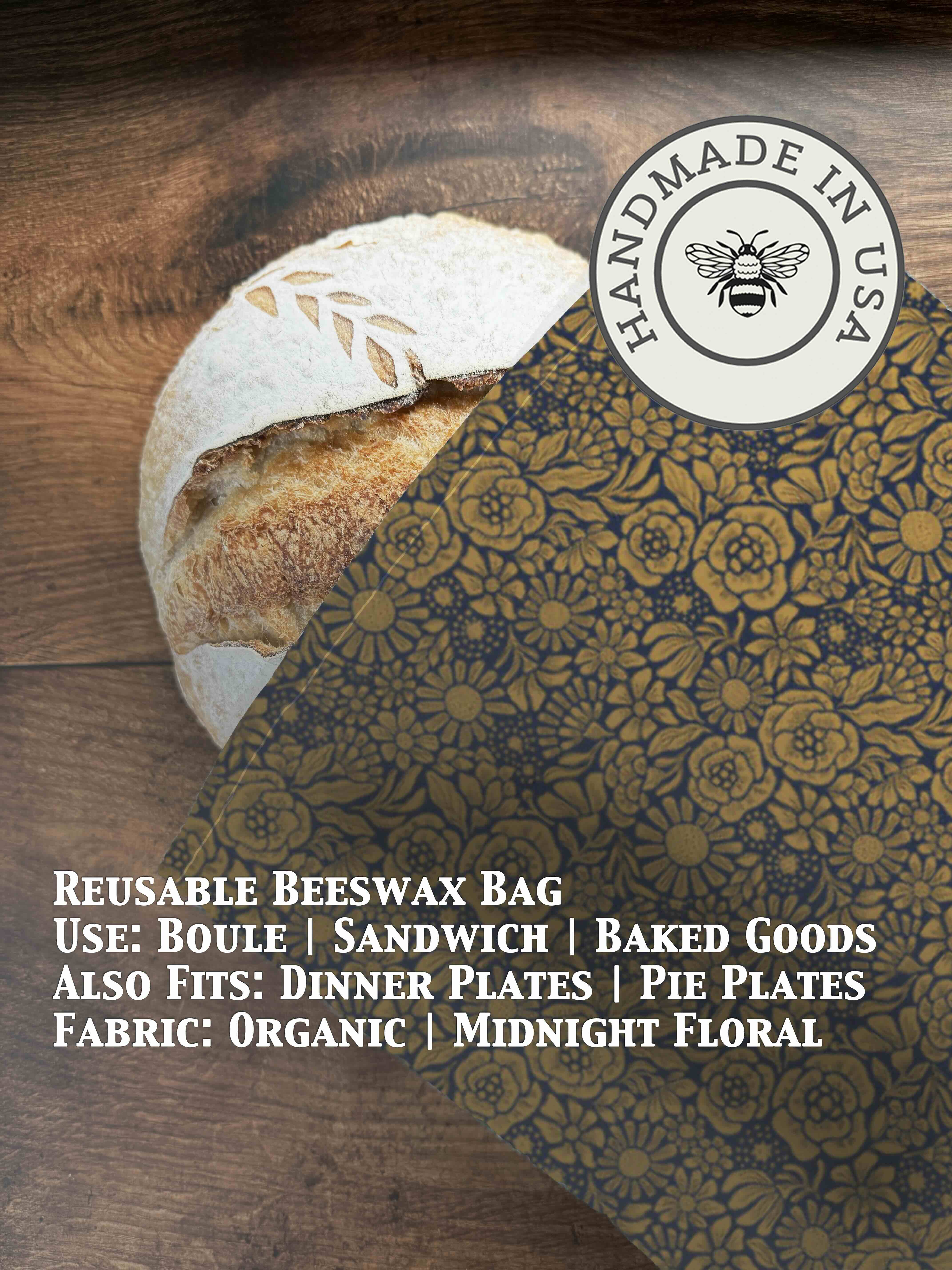 Beeswaxed bread bag from Five Oaks Farm, natural green fabric with beeswax coating for storing fresh bread.