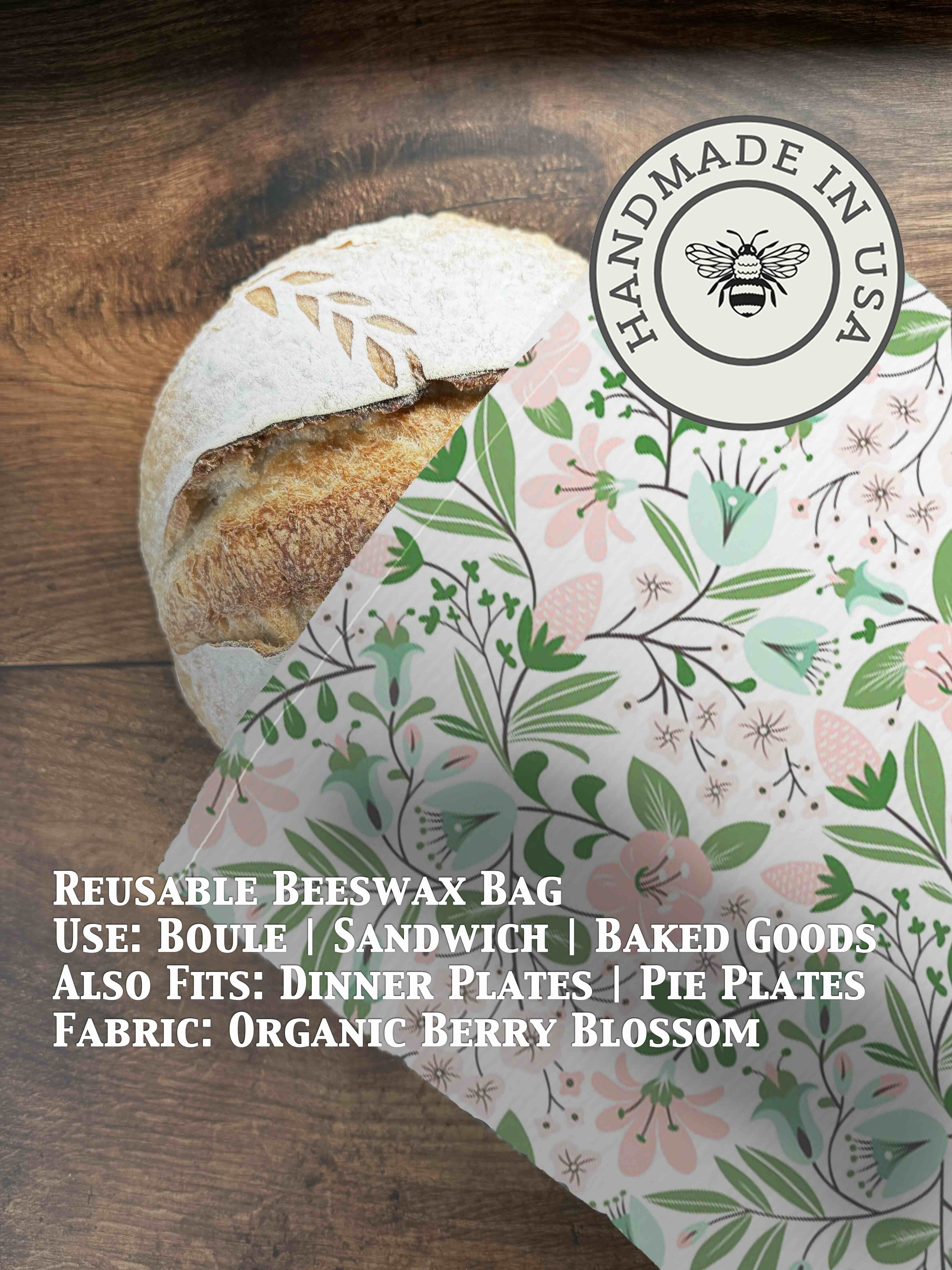 Beeswaxed bread bag from Five Oaks Farm, natural green fabric with beeswax coating, ideal for storing fresh bread.