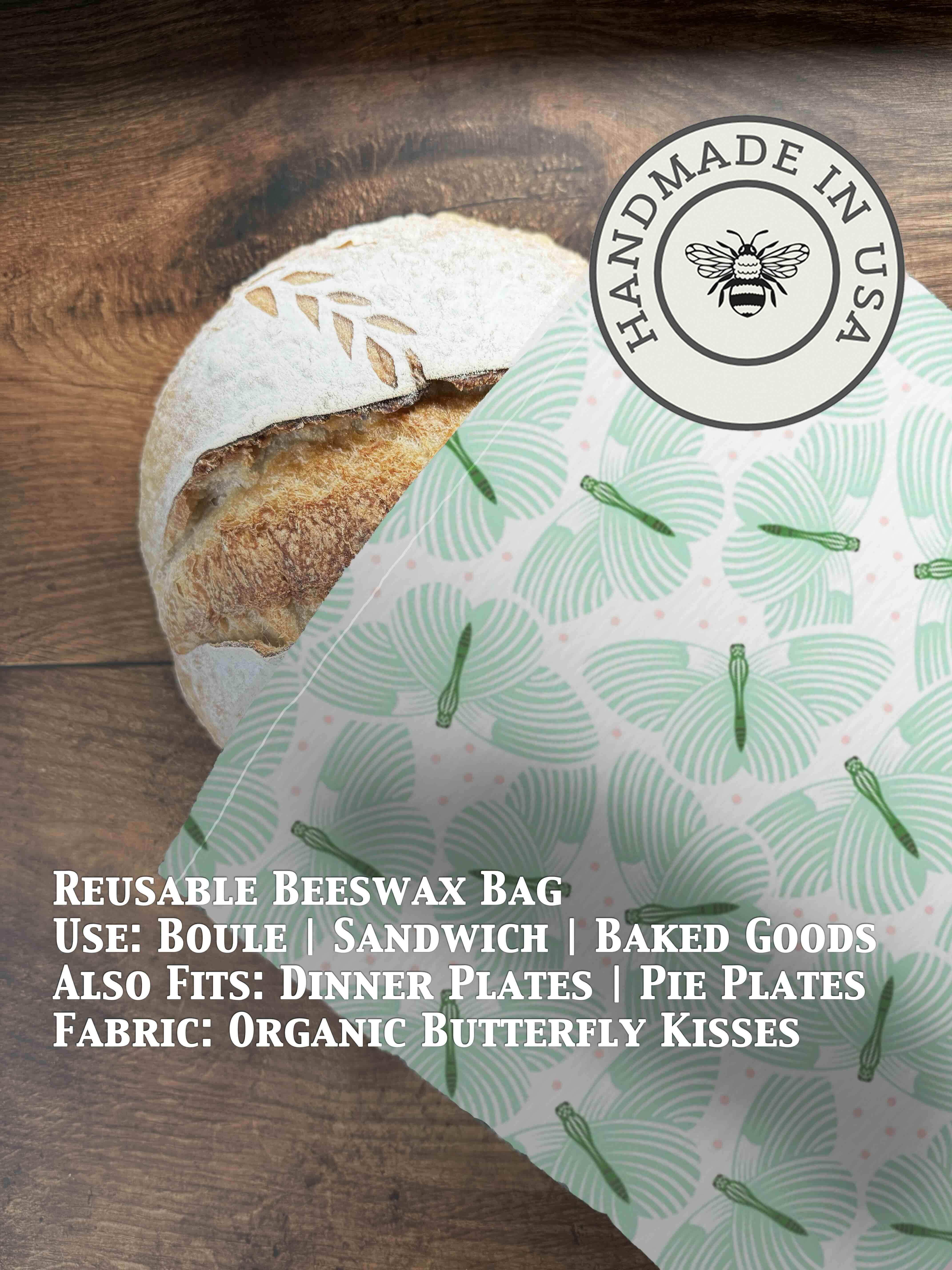Beeswaxed bread bag from Five Oaks Farm, green fabric with natural beeswax coating, ideal for storing fresh bread.