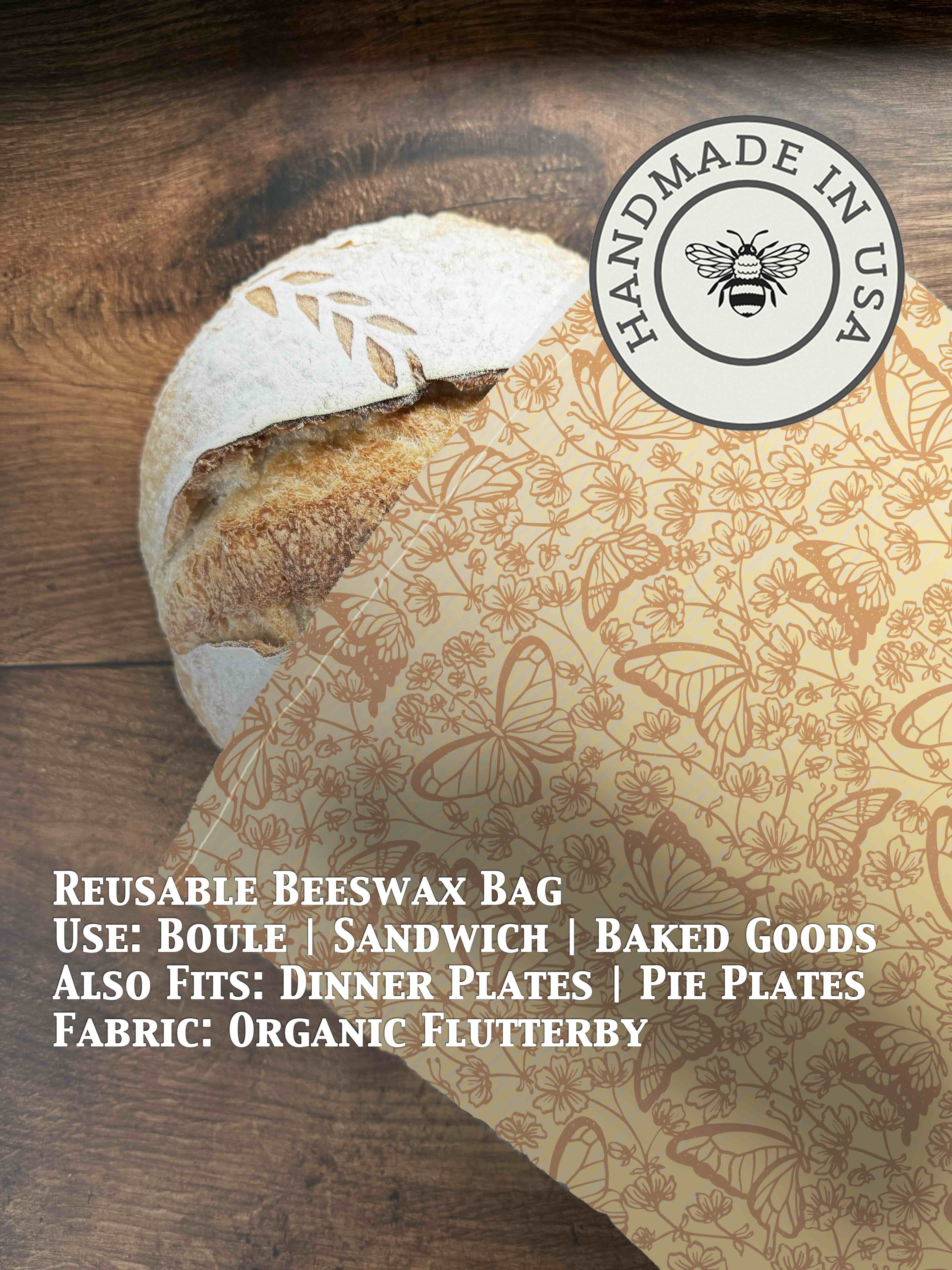 Beeswaxed bread bag from Five Oaks Farm with green fabric and natural beeswax coating, designed for storing fresh bread.