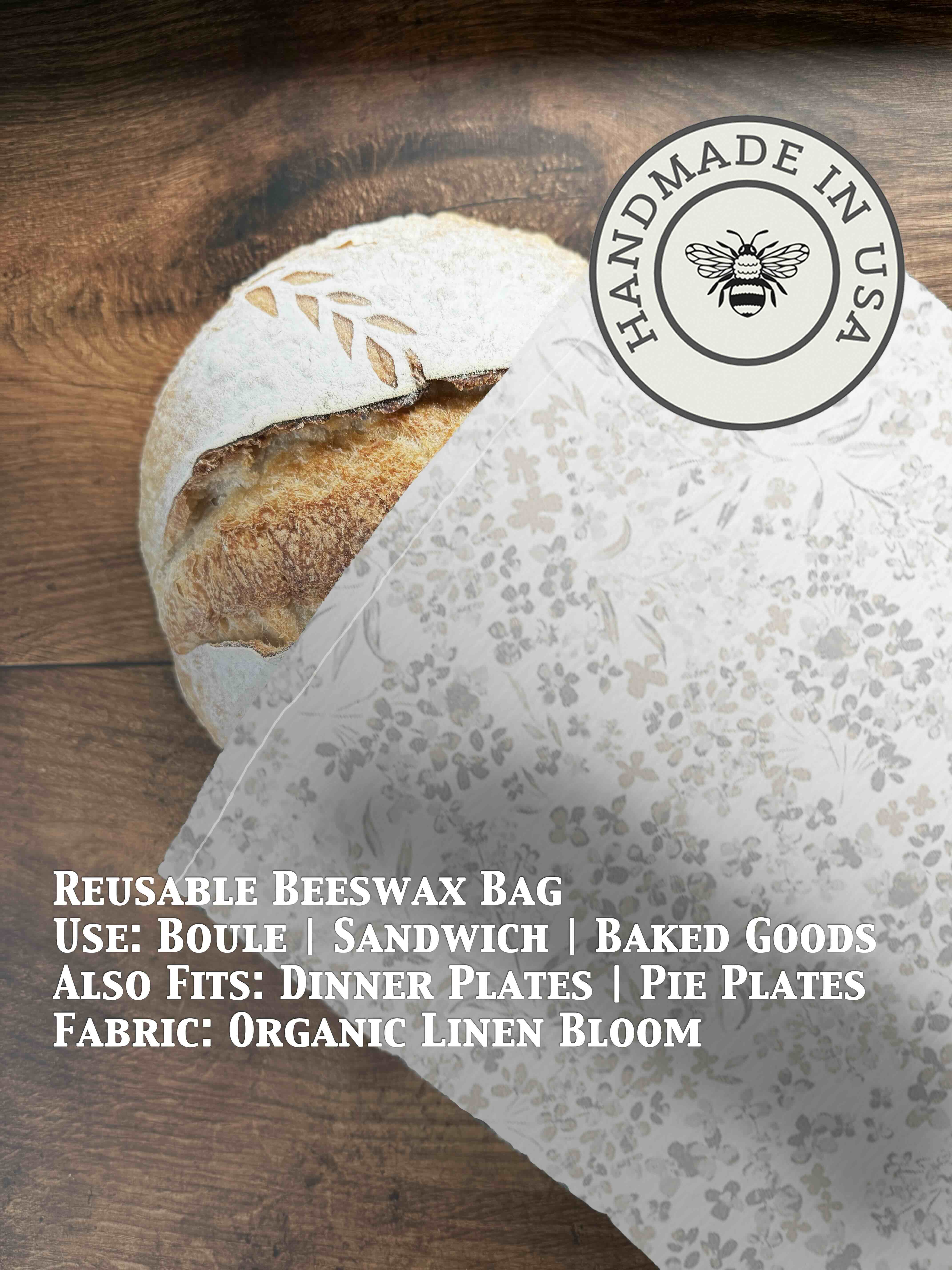 Beeswaxed bread bag from Five Oaks Farm, green fabric with natural beeswax coating, designed for storing fresh bread.