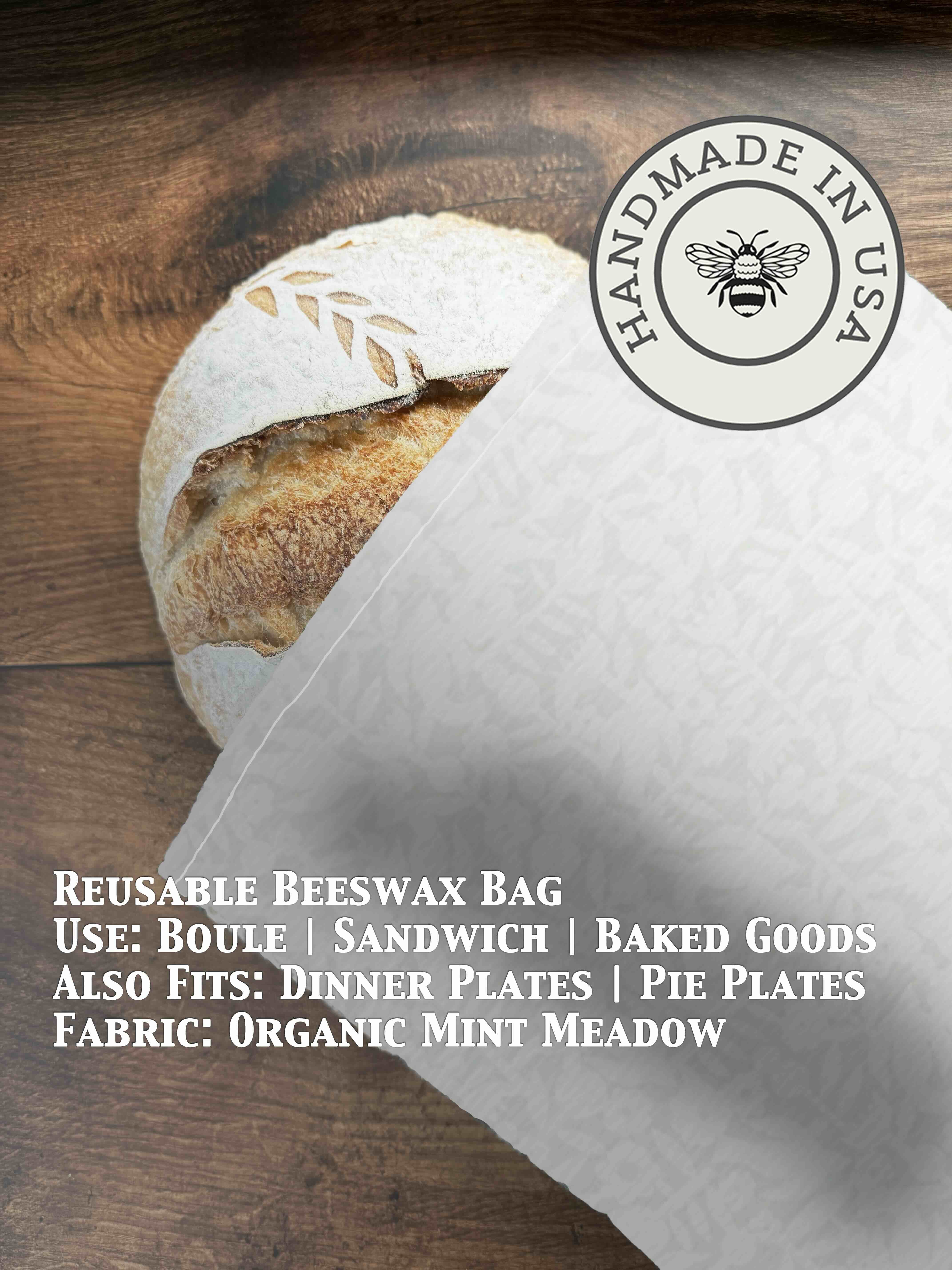 Beeswaxed bread bag from Five Oaks Farm, natural green fabric with beeswax coating, ideal for storing fresh bread.