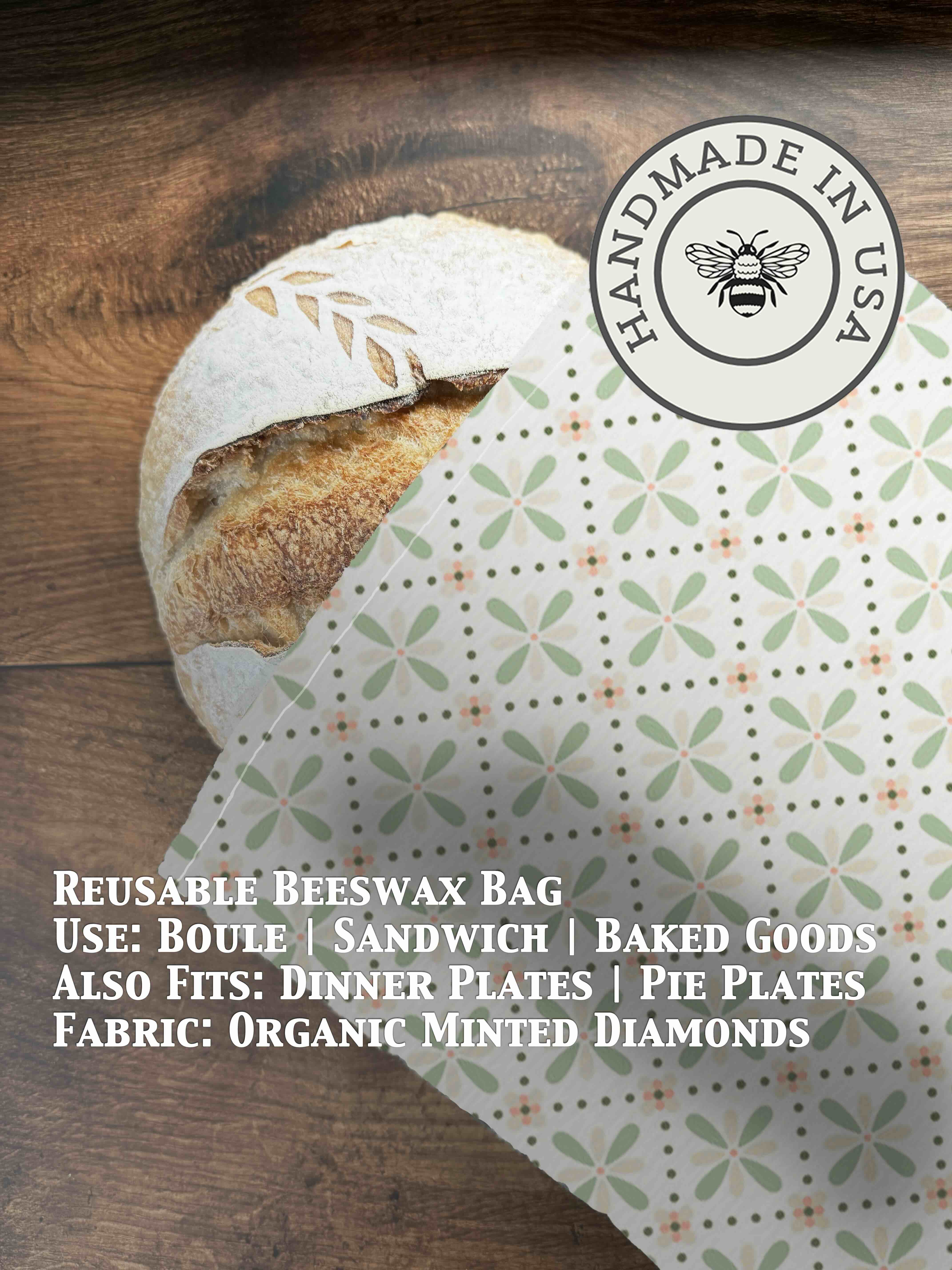 Bee-themed beeswaxed bread bag from Five Oaks Farm, eco-friendly natural fabric with beeswax coating for fresh bread storage.