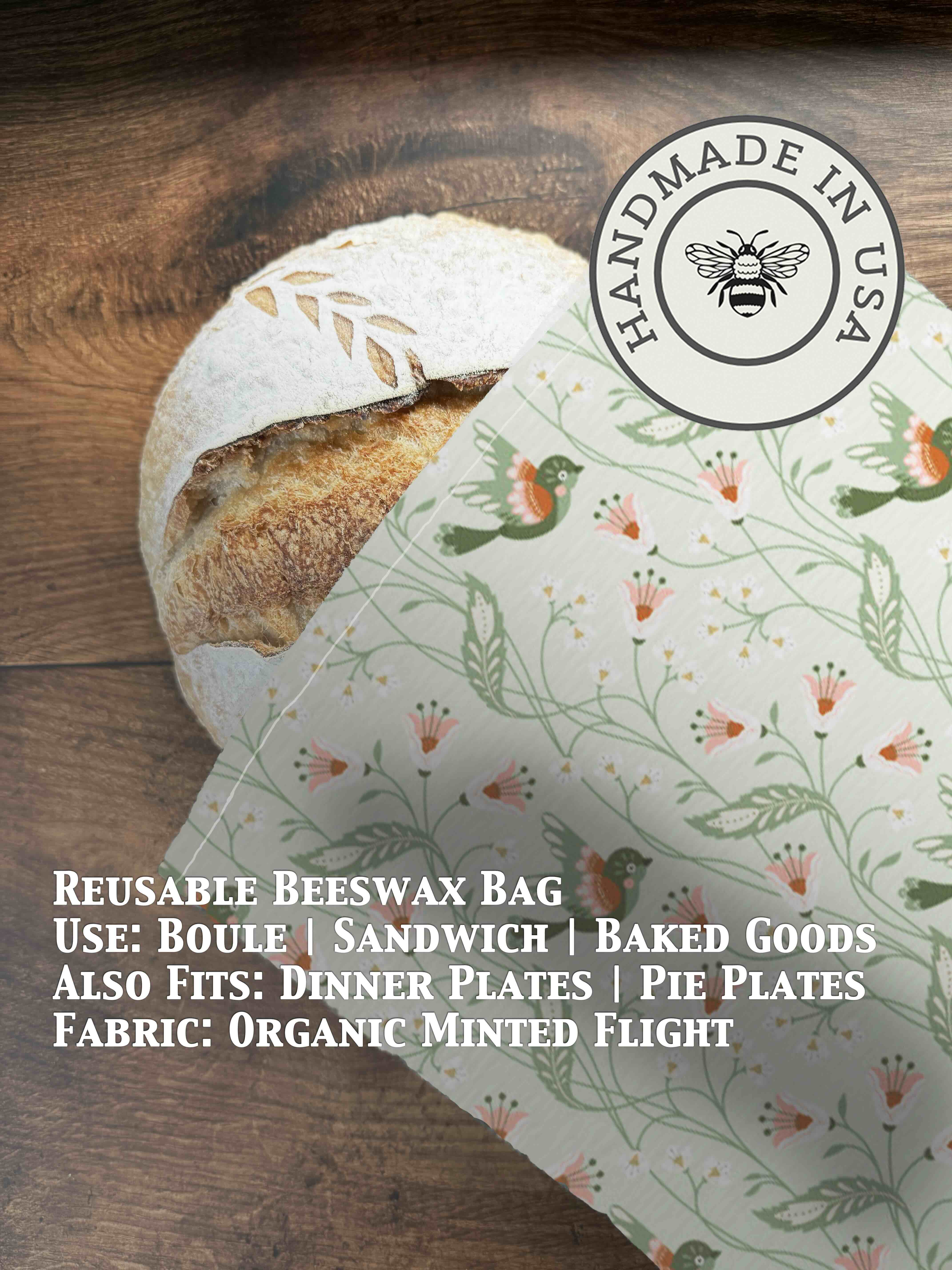 Beeswaxed bread bag from Five Oaks Farm, green fabric with natural beeswax coating, for storing fresh bread.