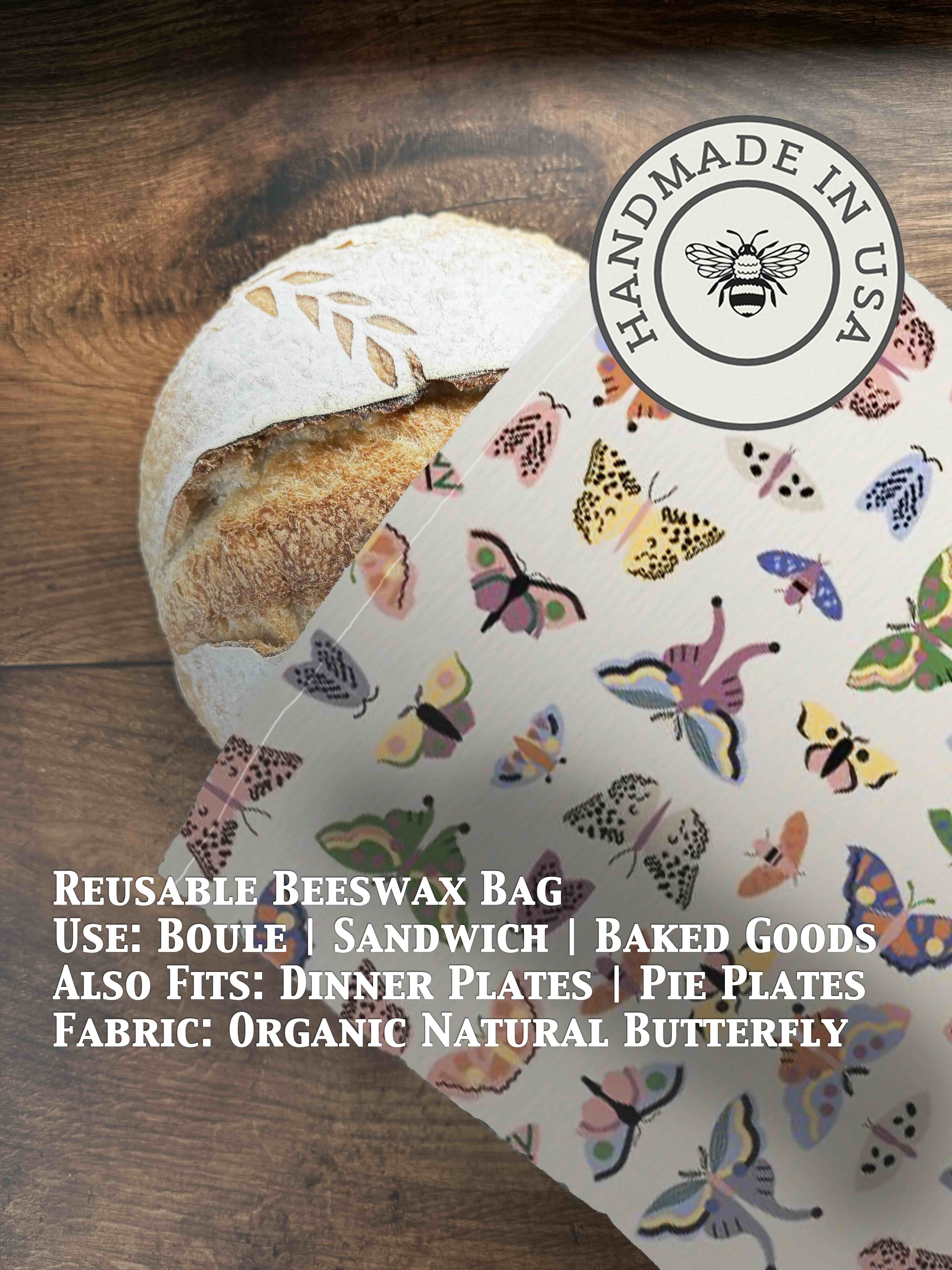 Bee-themed beeswaxed bread bag from Five Oaks Farm, green fabric with natural bees design for fresh bread storage.