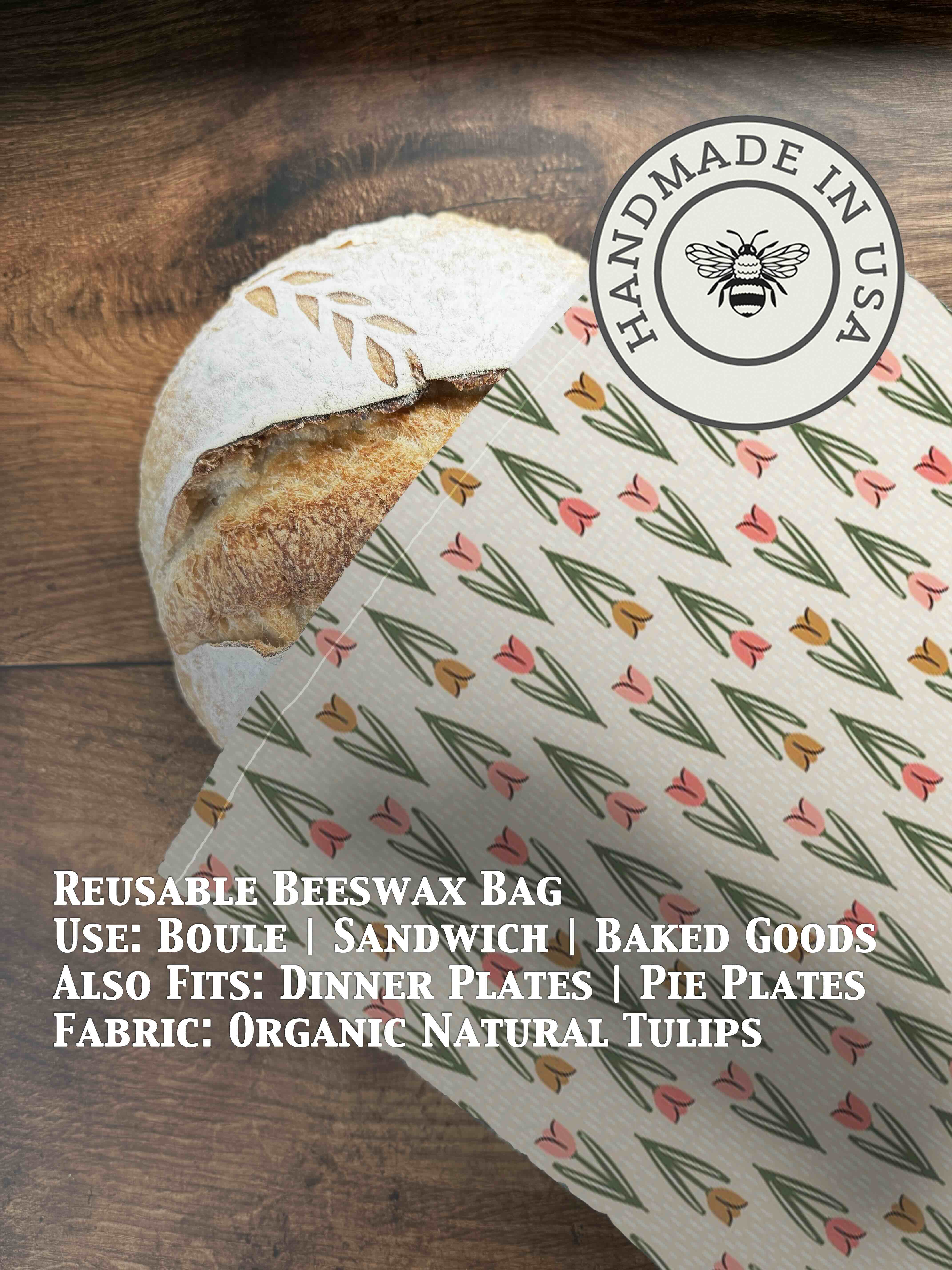Beeswaxed bread bag from Five Oaks Farm with green fabric and natural beeswax coating for storing fresh bread.