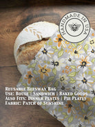Beeswaxed bread bag from Five Oaks Farm with green fabric, designed for storing homemade bread and keeping it fresh.