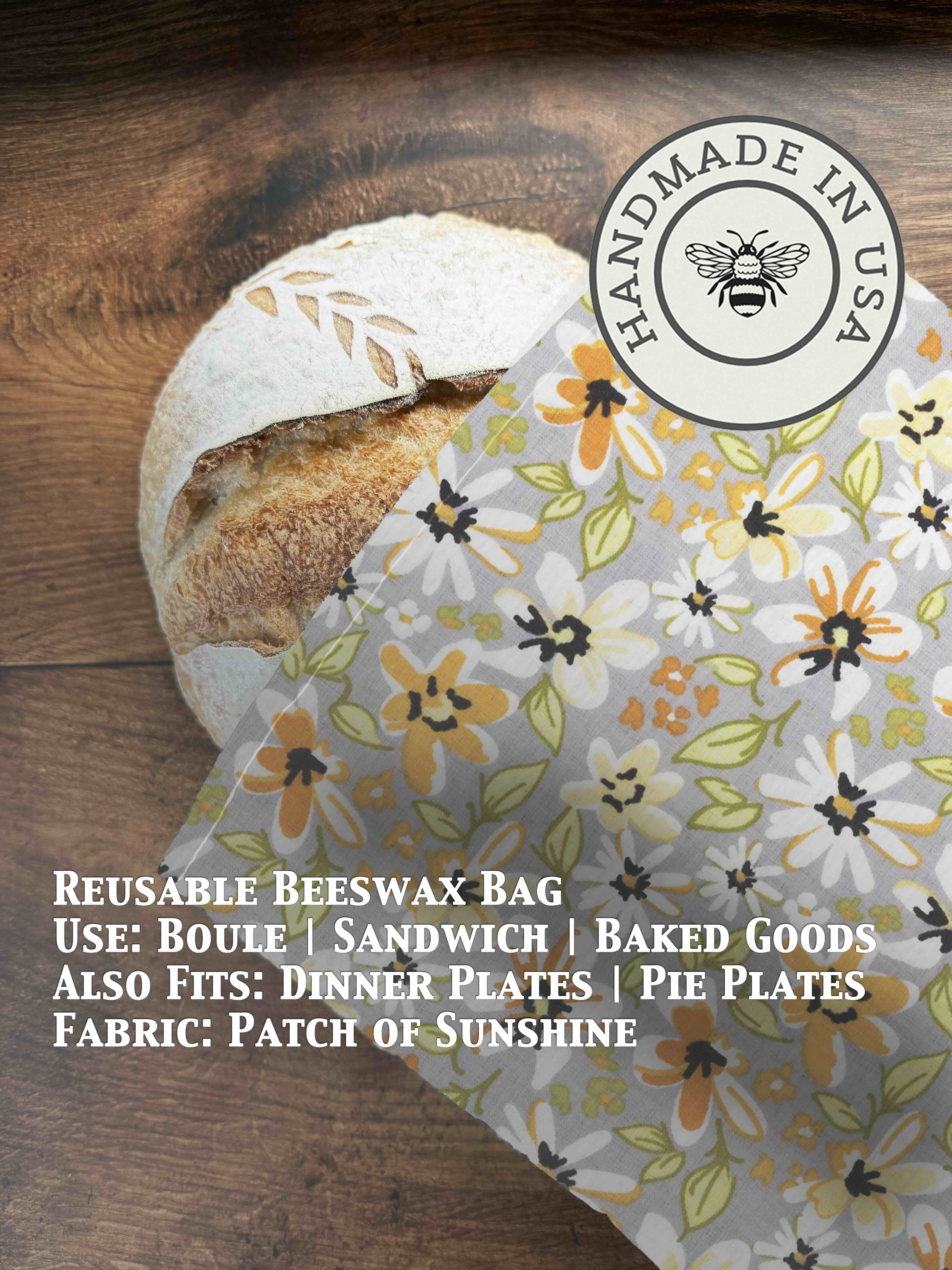 Beeswaxed bread bag from Five Oaks Farm with green fabric, designed for storing homemade bread and keeping it fresh.