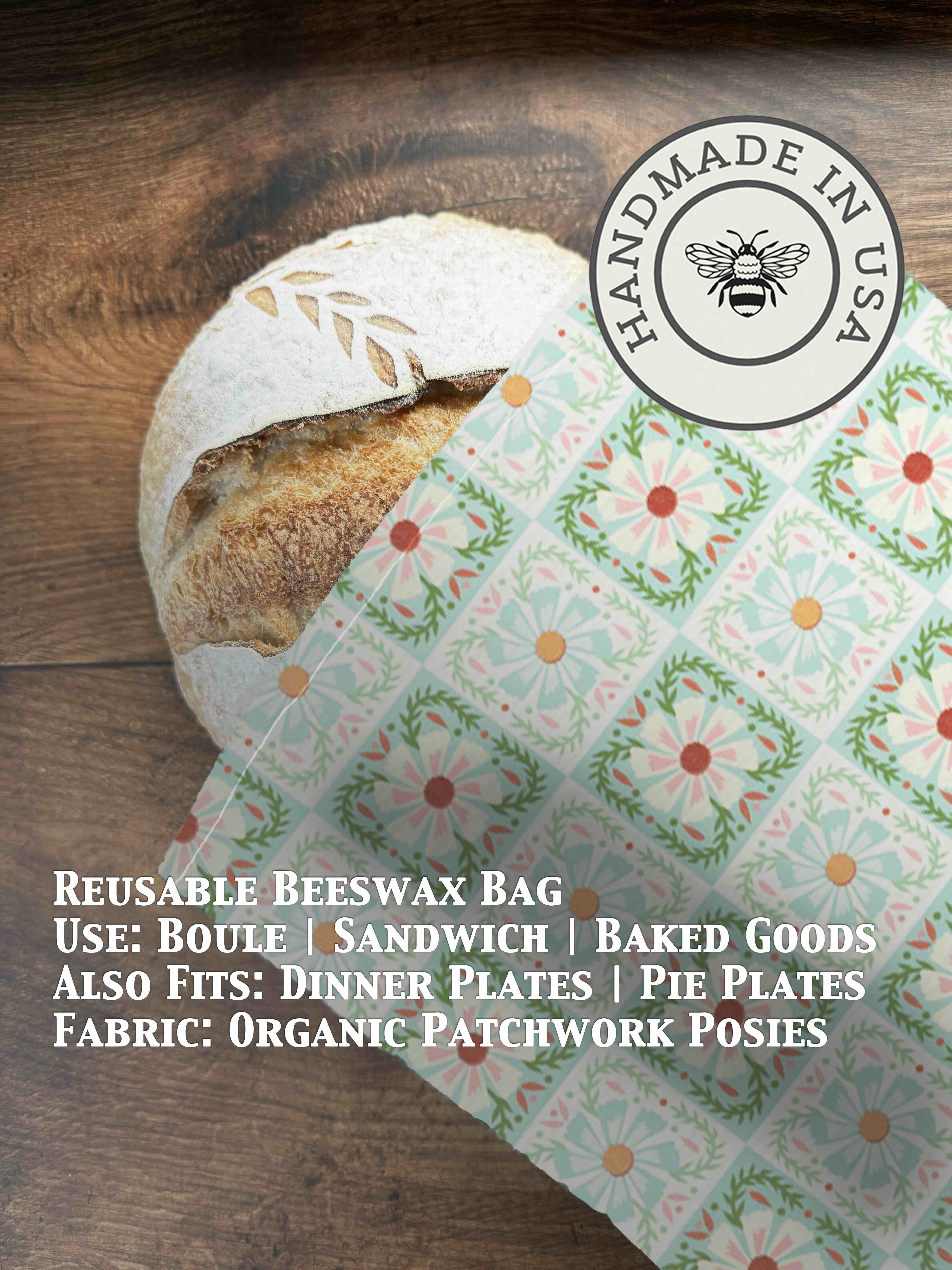 Beeswaxed bread bag from Five Oaks Farm, eco-friendly from the farm, with a green cloth exterior and beeswax coating for freshness.