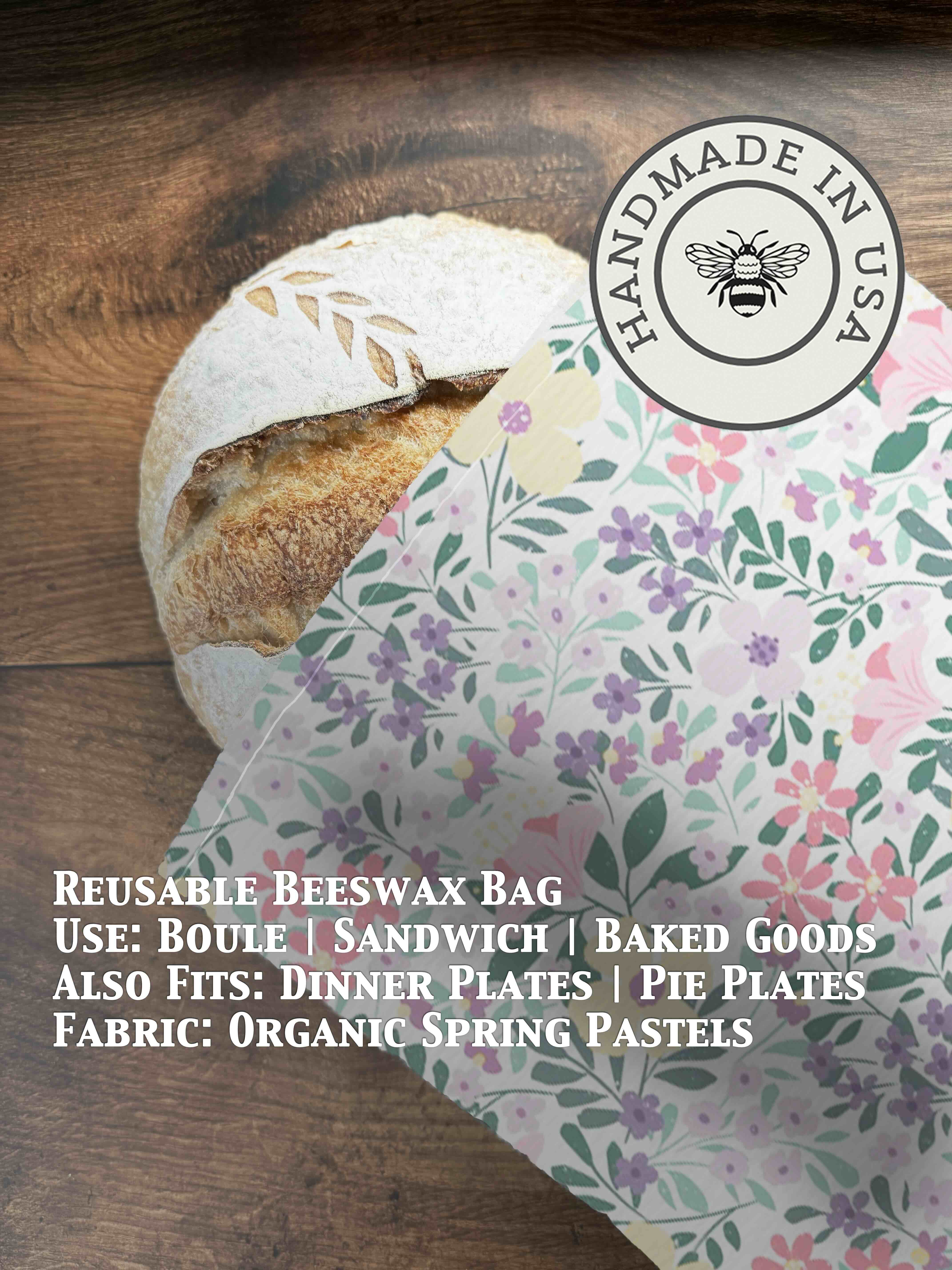 Beeswaxed bread bag from Five Oaks Farm with green fabric and natural beeswax coating for storing bread.